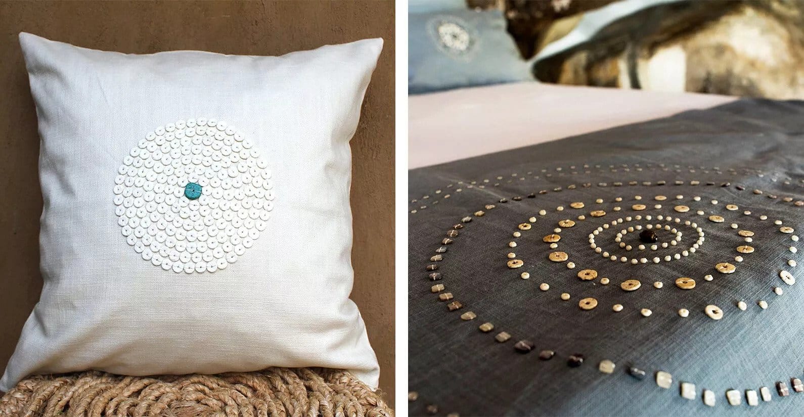 Hand-beaded cushion covers and bed throws