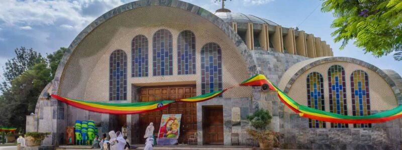 AKSUM, ETHIOPIA, APRIL 27.2019, Famous cultural heritage Church of Our Lady of Zion in Axum. Ethiopian Orthodox Tewahedo Church built by Emperor Haile Selassie in the 1950s.