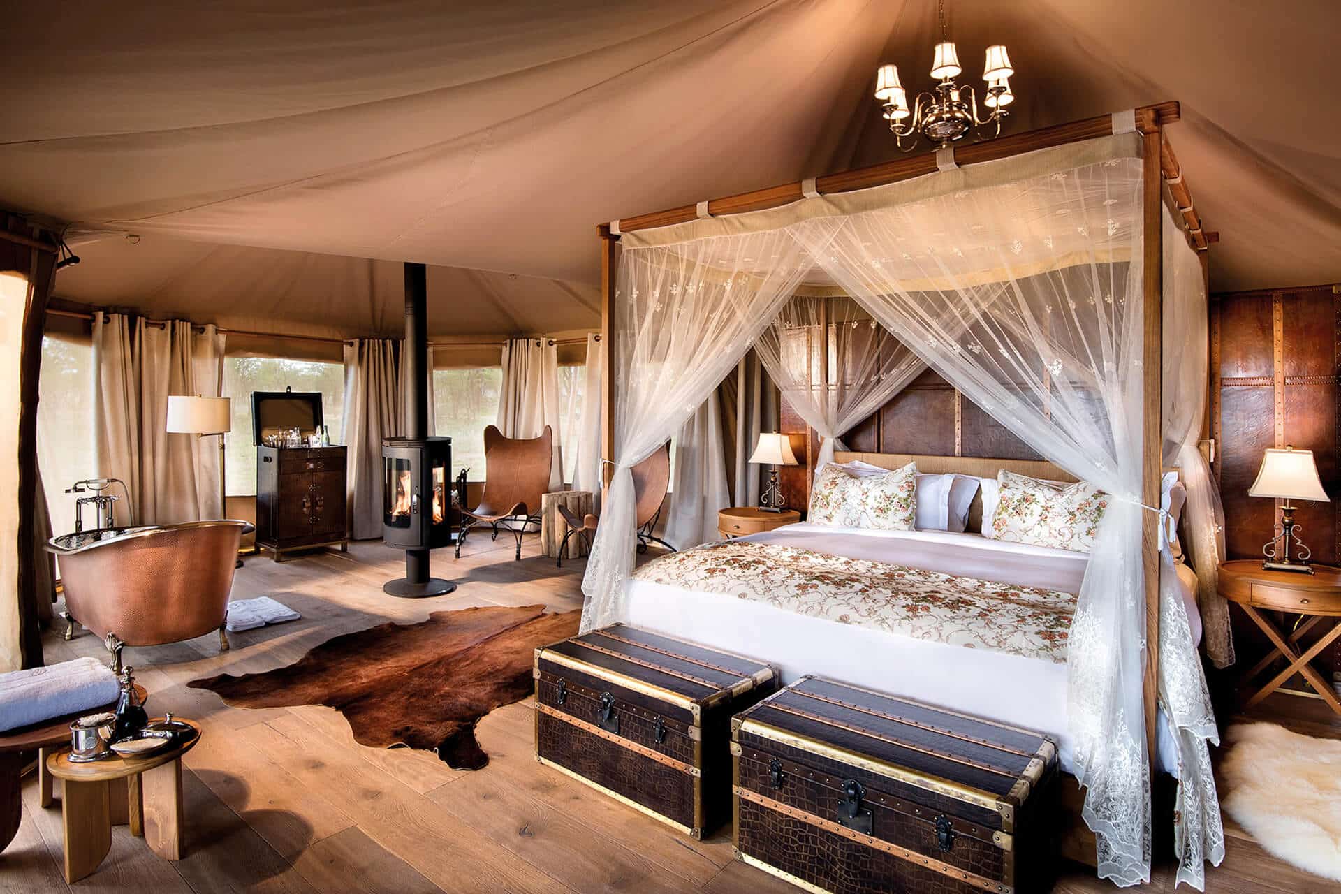 Interior of luxury tented suite at One Nature Nyaruswiga in the Serengeti