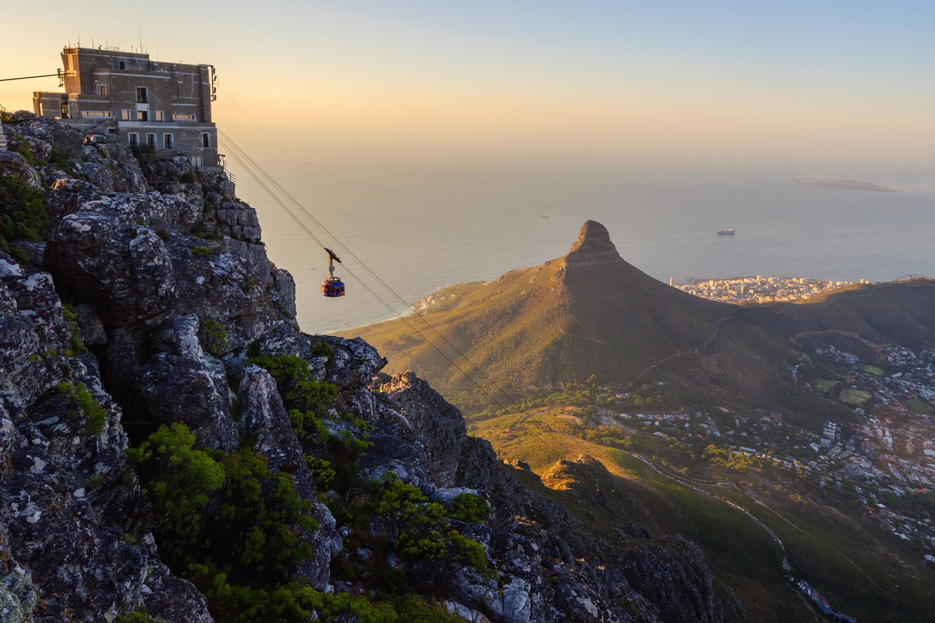 Cable way approaching the peak of Table Mountain in Cape Town, South Africa