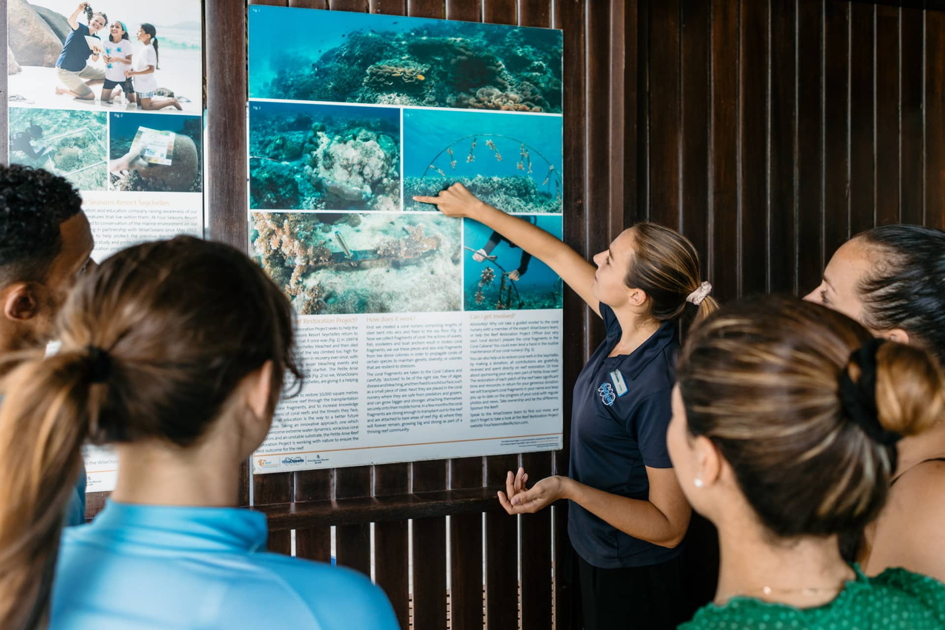 A marine educator from WiseOceans at the Discovery Centre, Four Seasons Seychelles, talking about the ocean