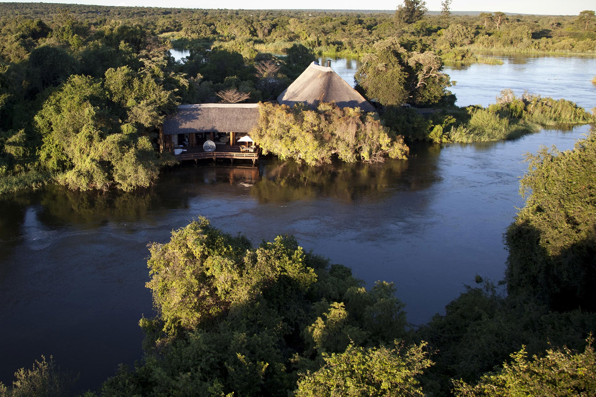 A view of Royal Chundu Zambezi Island Lodge and the Zambezi River