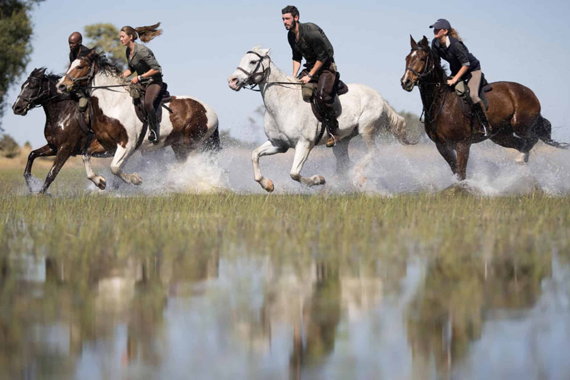 A group of men and women on horses galloping through water at Belmond Eagle Island Lodge