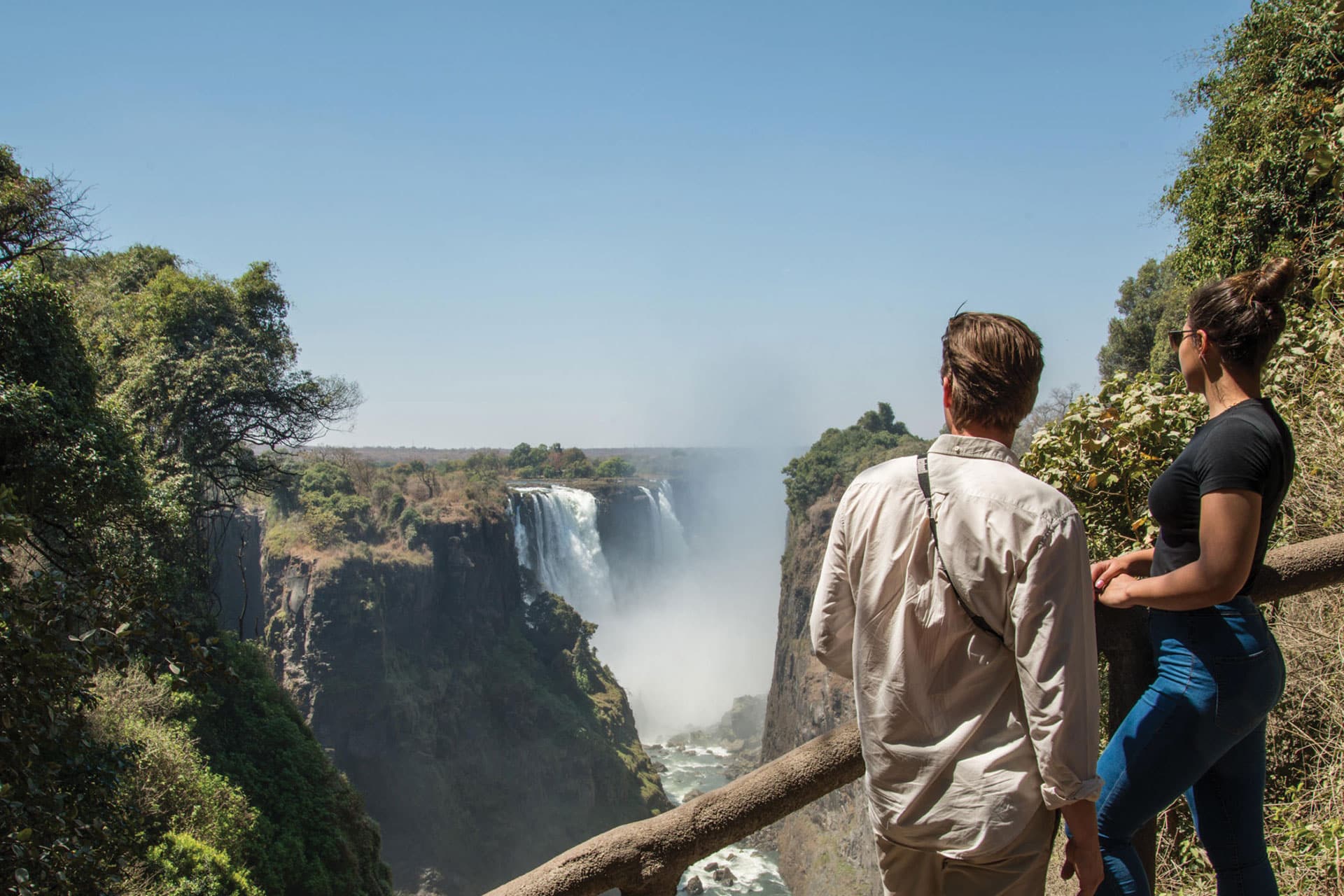Guests from Stanley & Livingstone Lodge enjoying a guided tour of Victoria Falls
