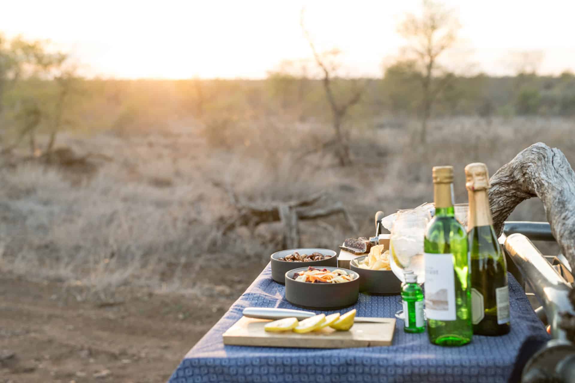 Sundowners and snacks on a safari in Africa.