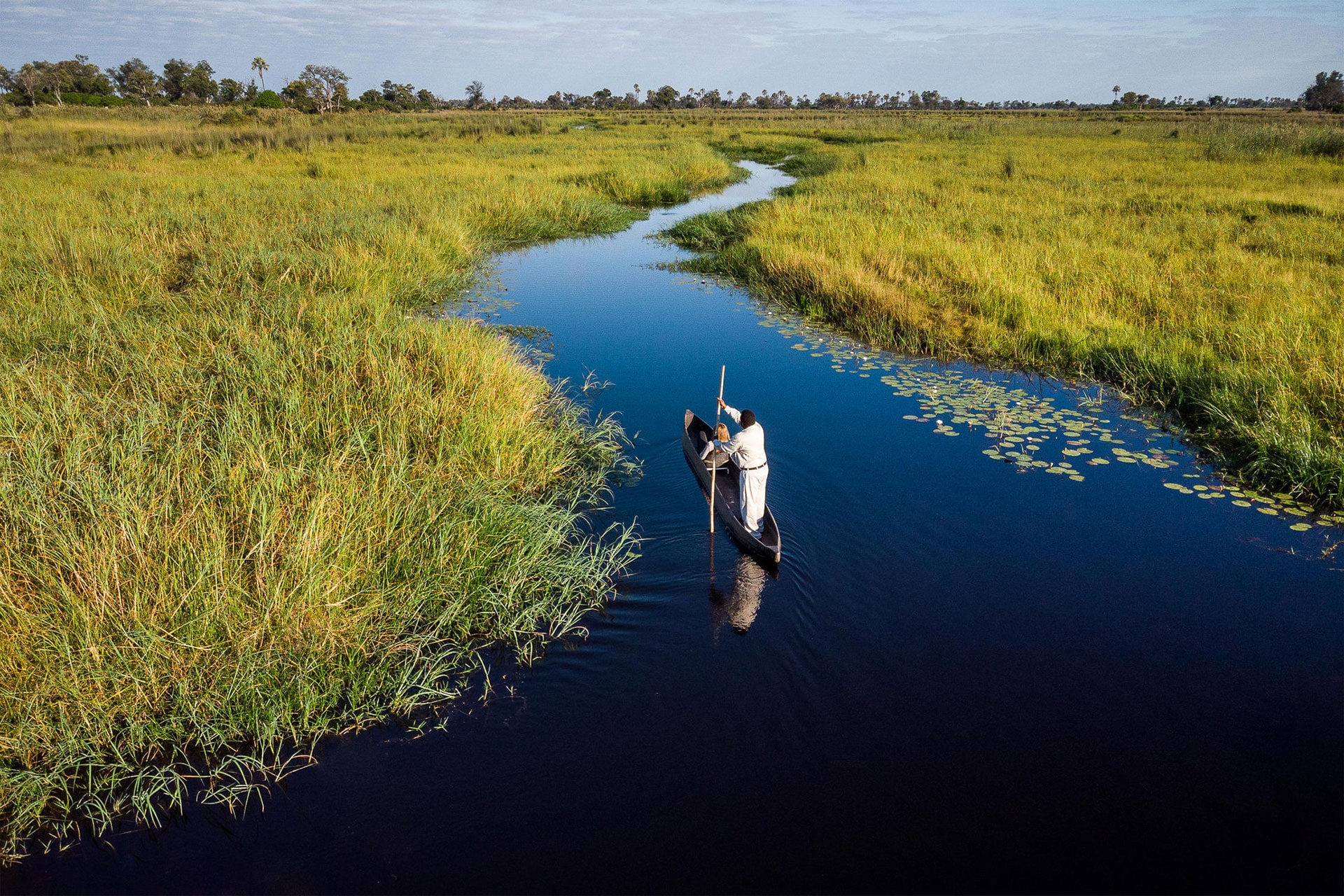 A mokoro canoe on the water at the Okavango Delta