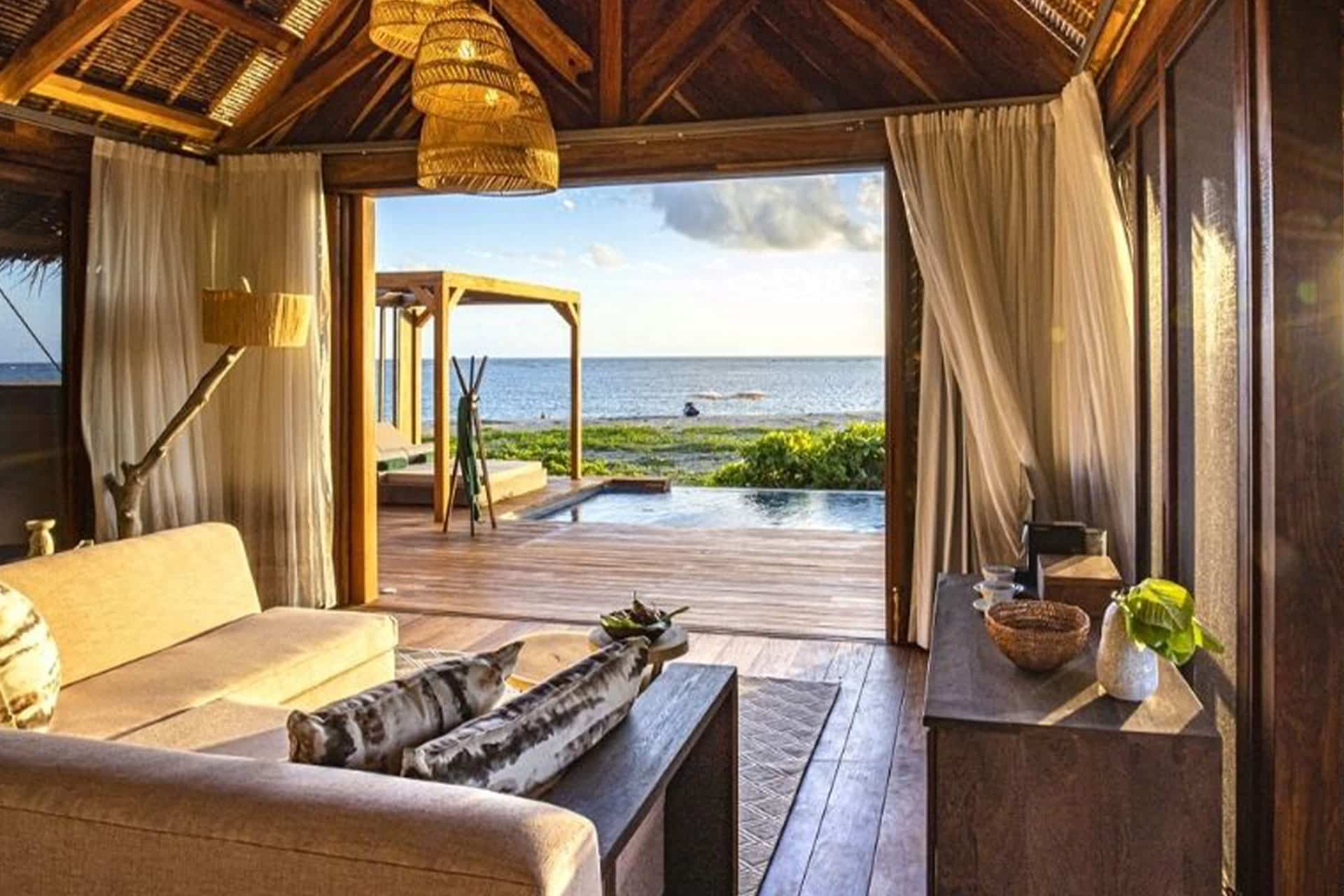View of the ocean and a private pool from a villa at Banyan Tree Ilha Caldeira in Mozambique.