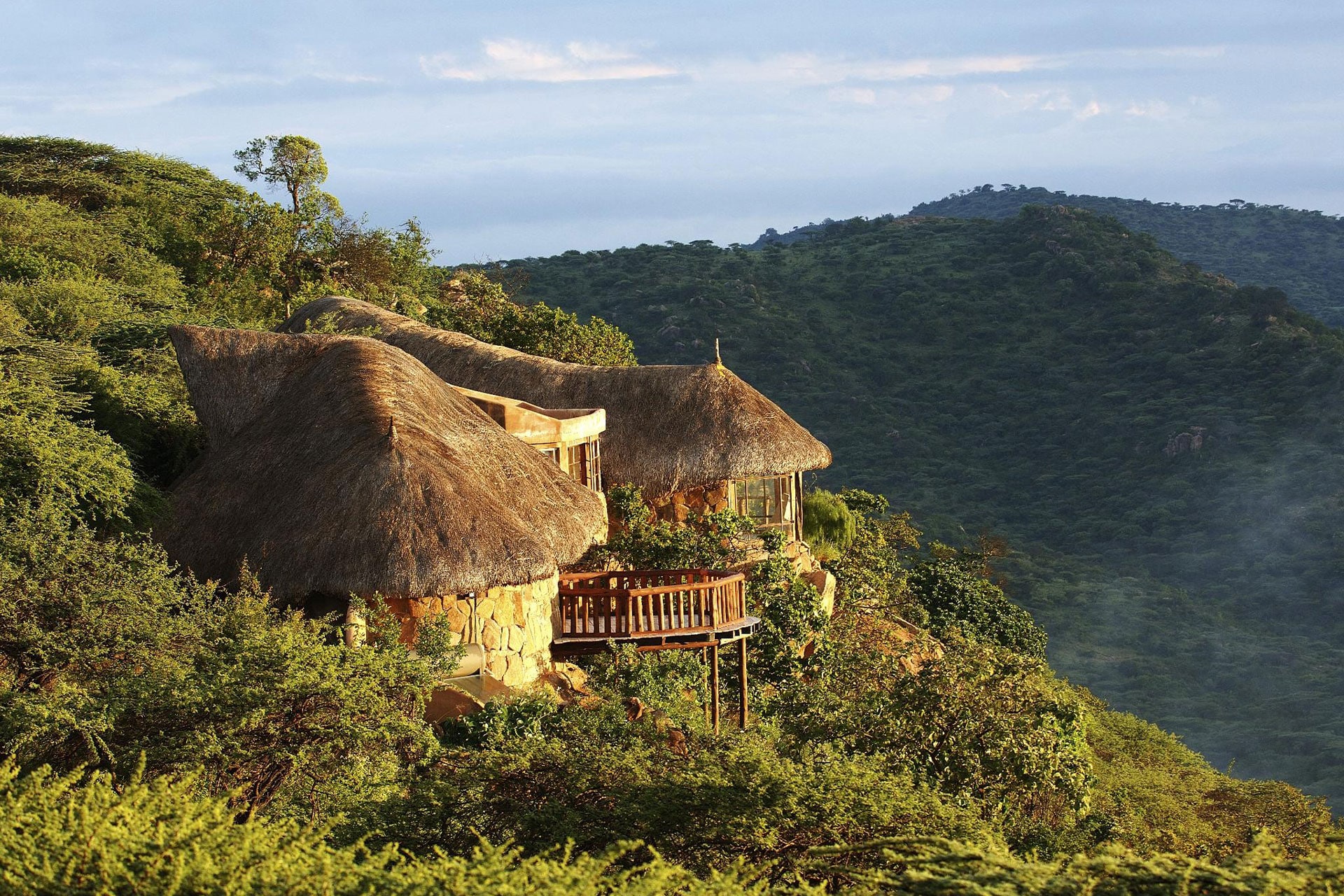 A luxury villa at The Sanctuary at Ol Lentille located on the hillside overlooking the Laikipia Plateau.