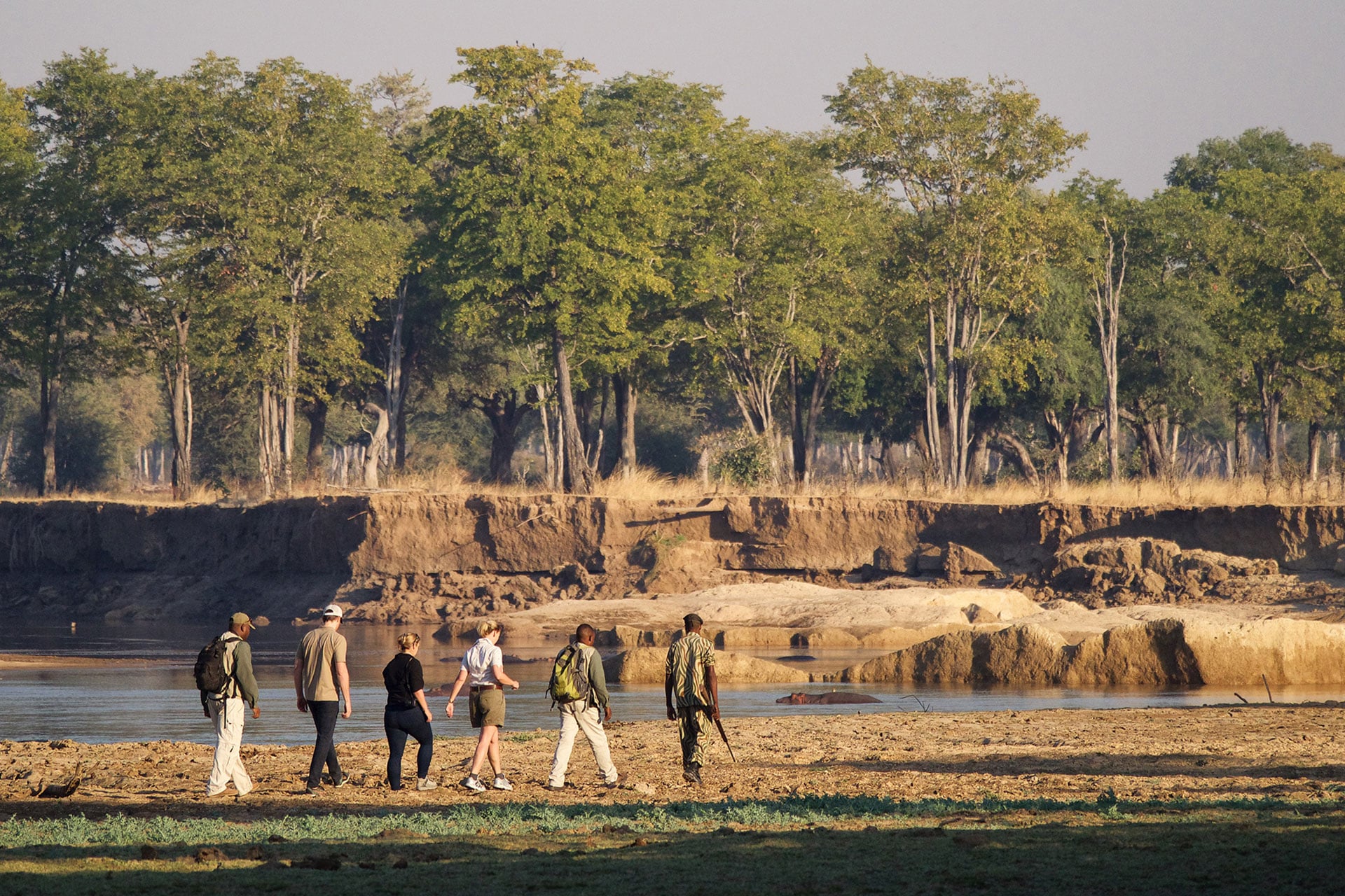 A man and woman are led by a guide on a walking safari at Time + Tide South Luangwa.