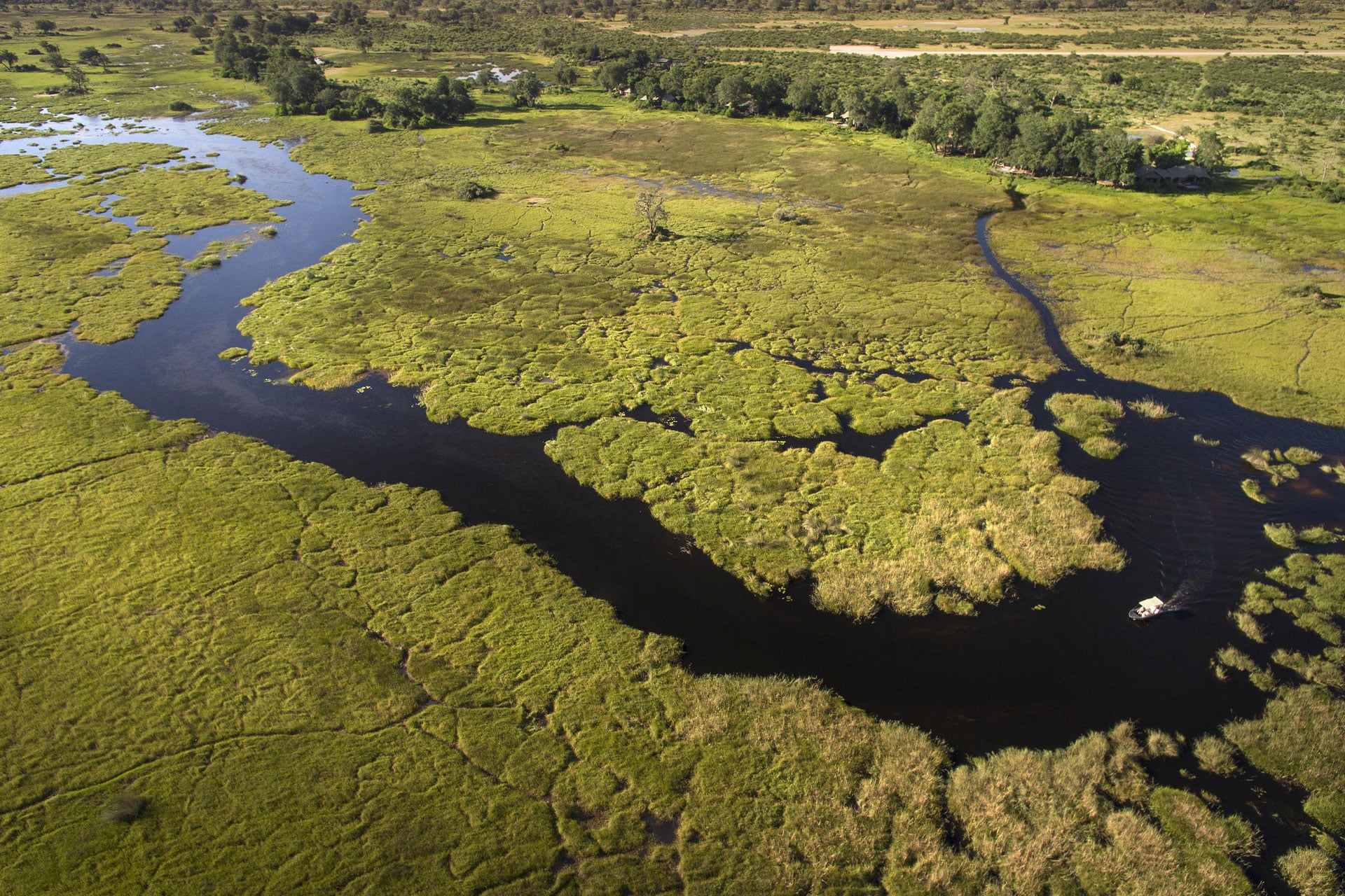 Aerial view of the private Duba concession in the Okavango Delta operated by Great Plains Conservation, founded by Dereck and Beverly Joubert