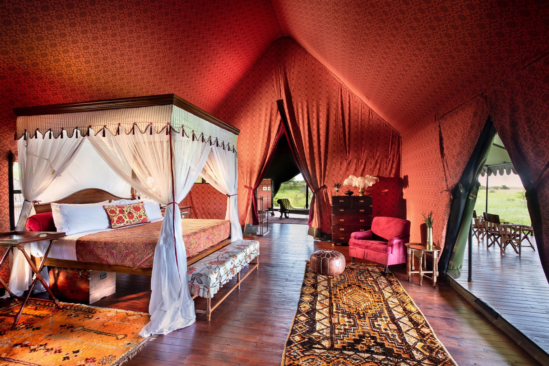 Interior bedroom of a luxury tent at Jack’s Camp in the Makgadikgadi Salt Pans in Botswana.