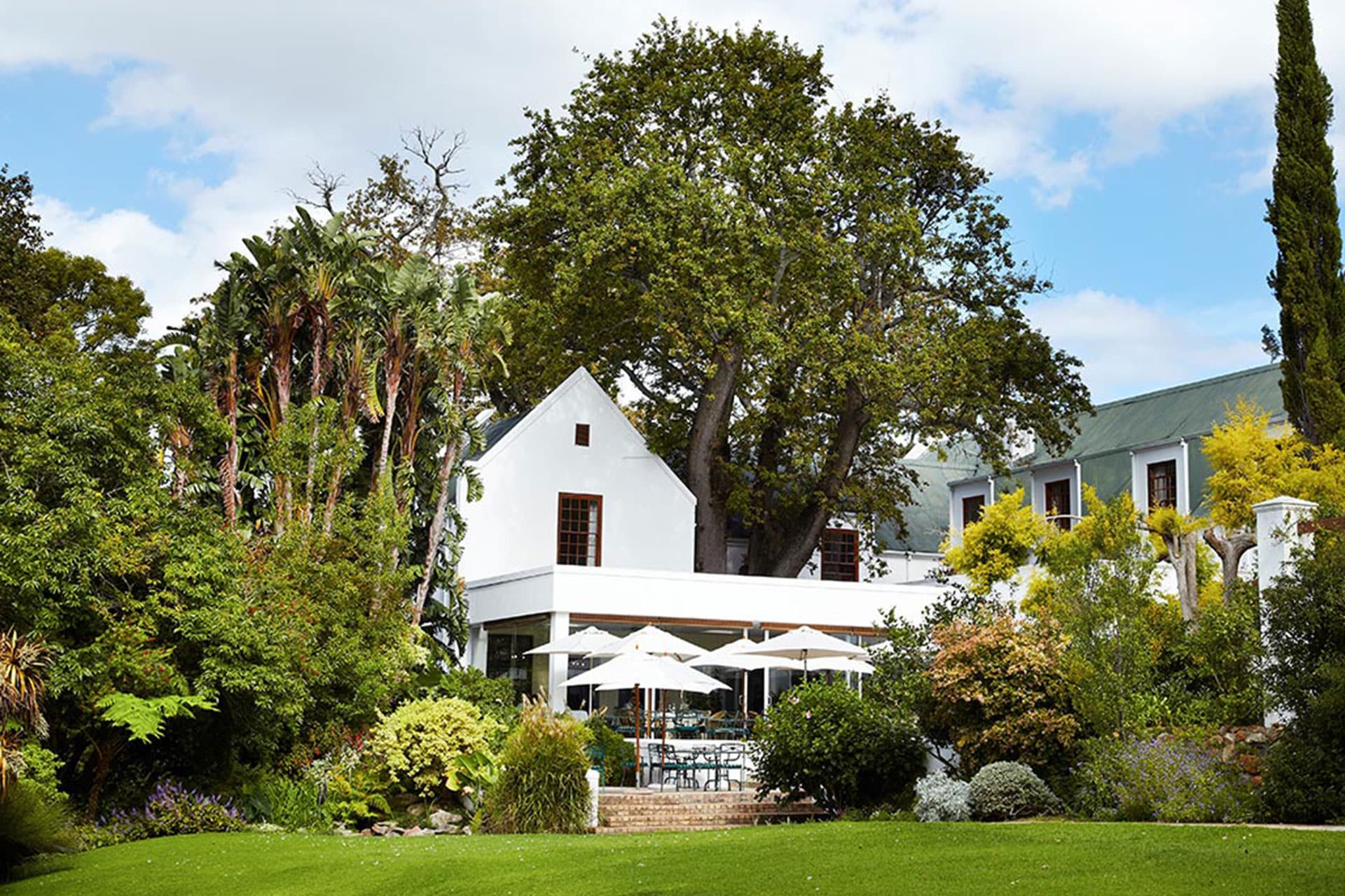 The restaurant terrace surrounded by manicured gardens and trees at The Conservatory – one of the top 10 fine dining restaurants in Cape Town.