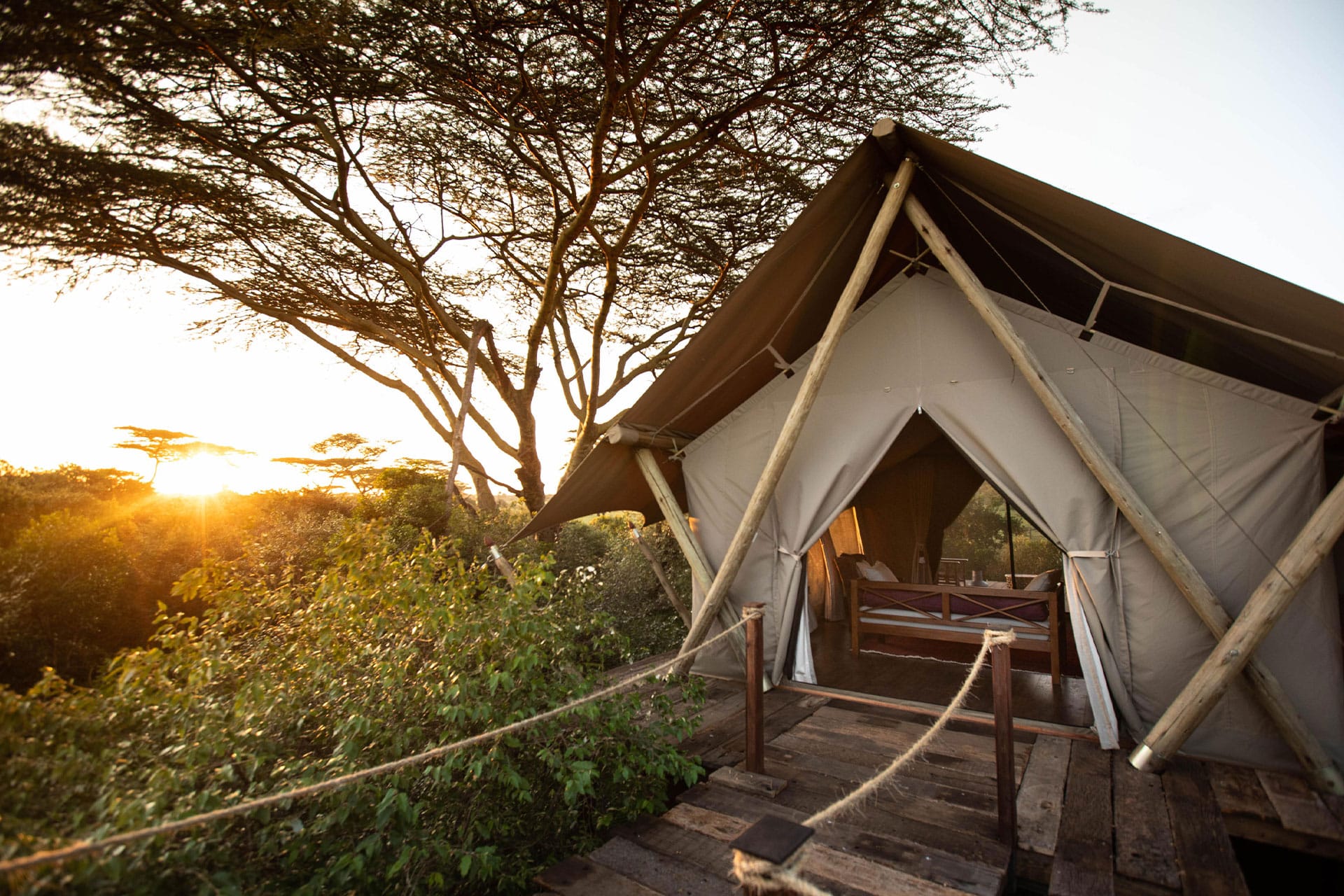 A luxury safari tent and walkway at Mara Nyika in the Masai Mara, operated by Great Plains.