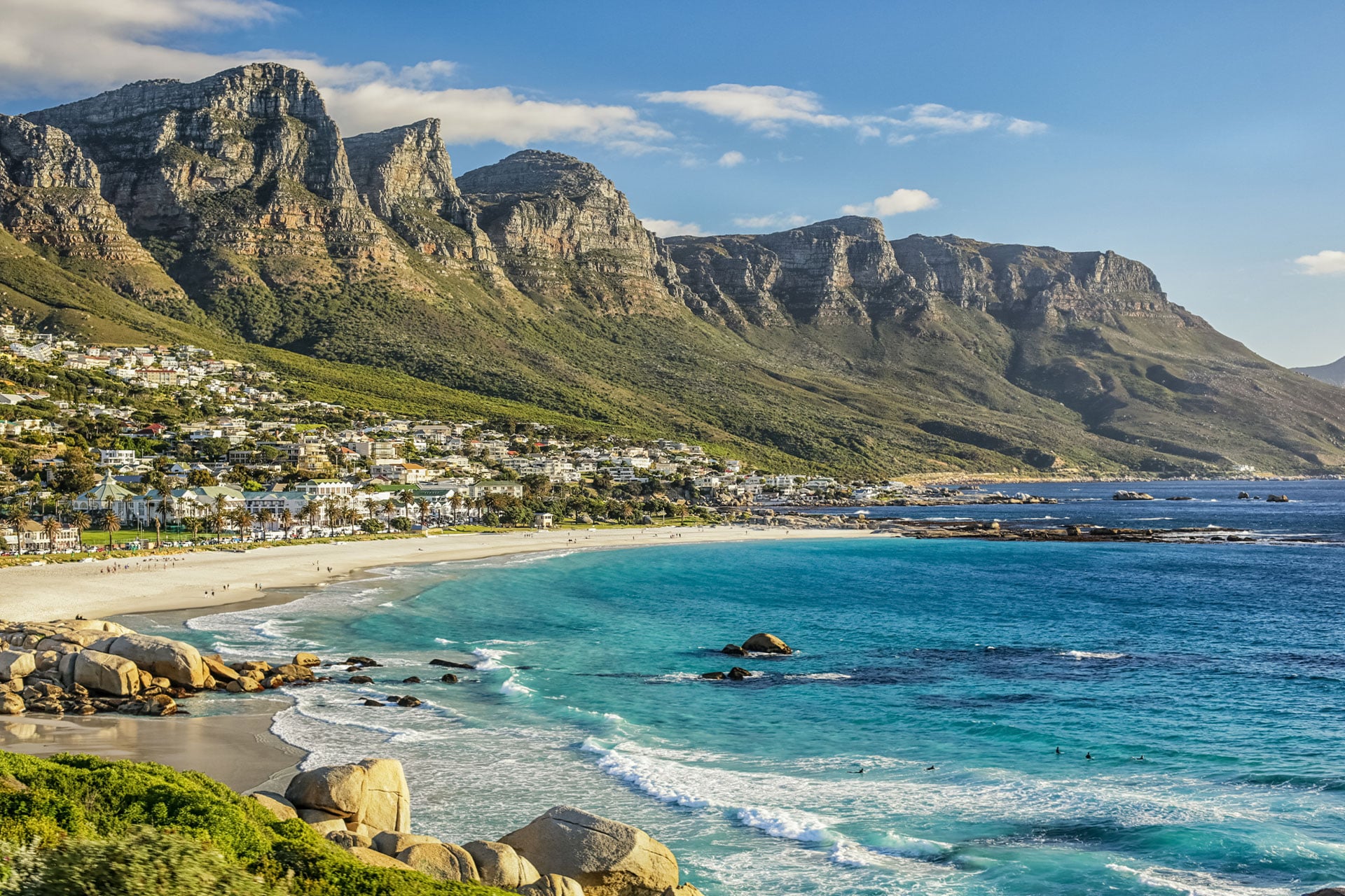 Cape Town’s Camps Bay beach with the Twelve Apostles of Table Mountain in the background.