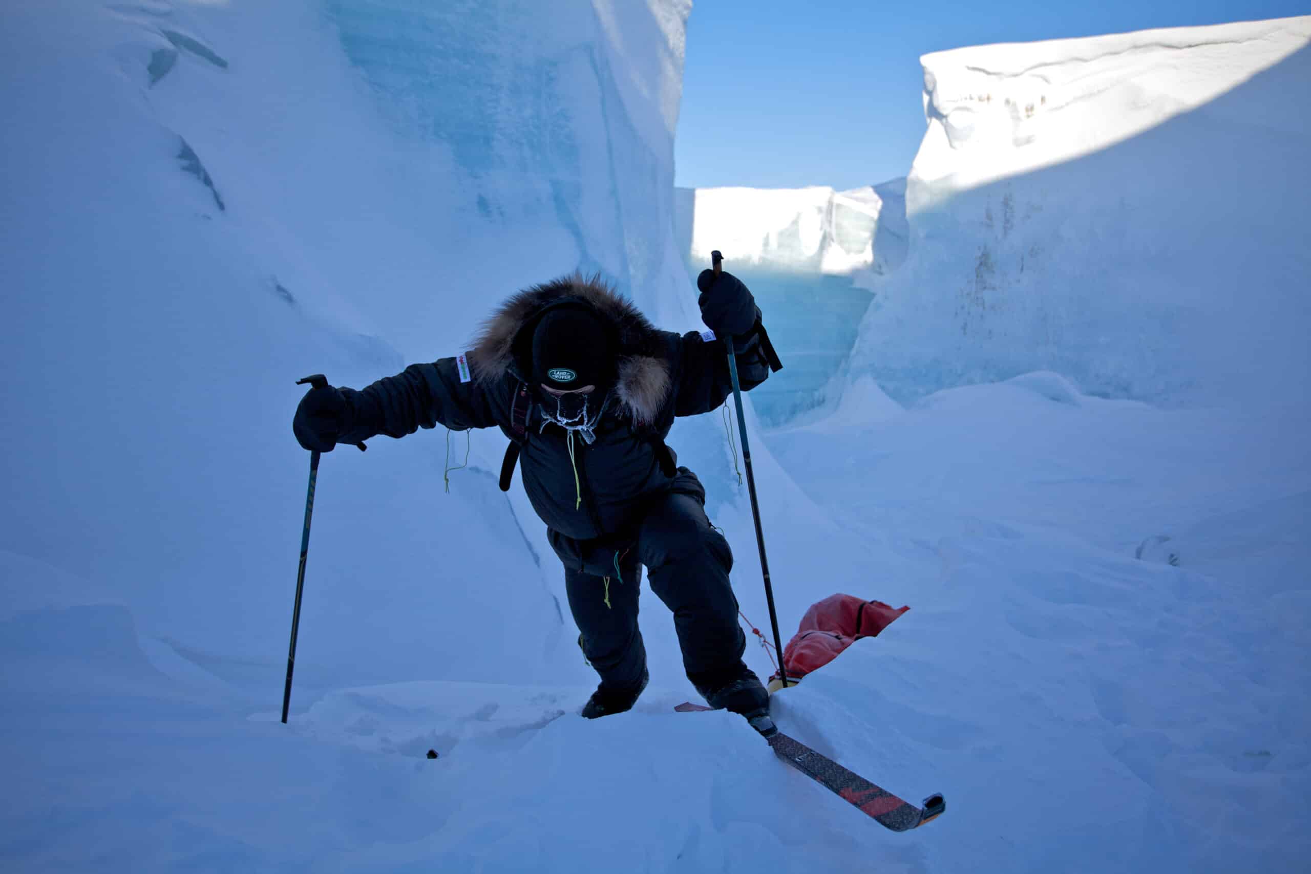 Ben Saunders hauling a 200kg sledge on a polar expedition in Antarctica