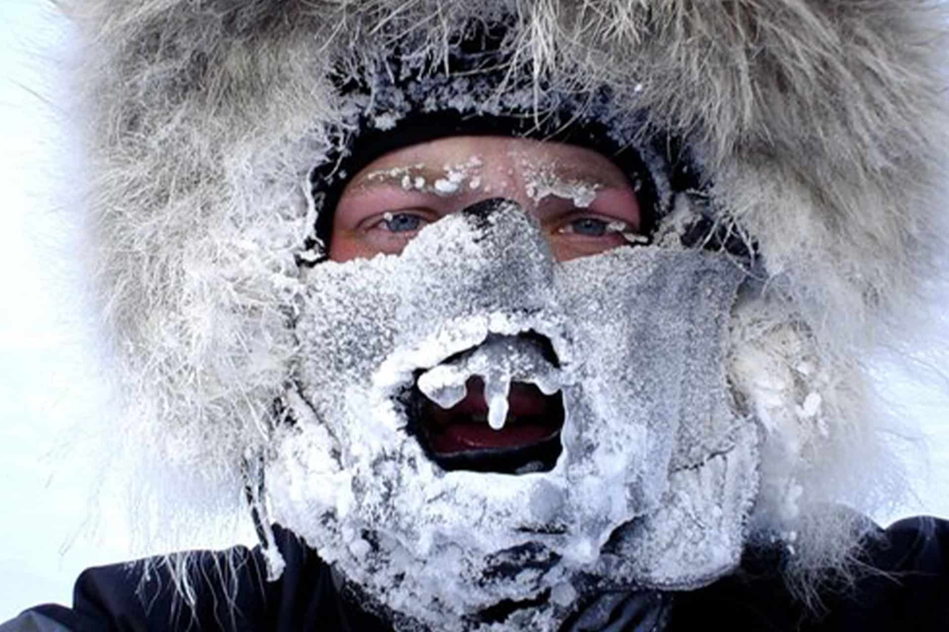 Ben Saunders covered in ice during an expedition in Antarctica.