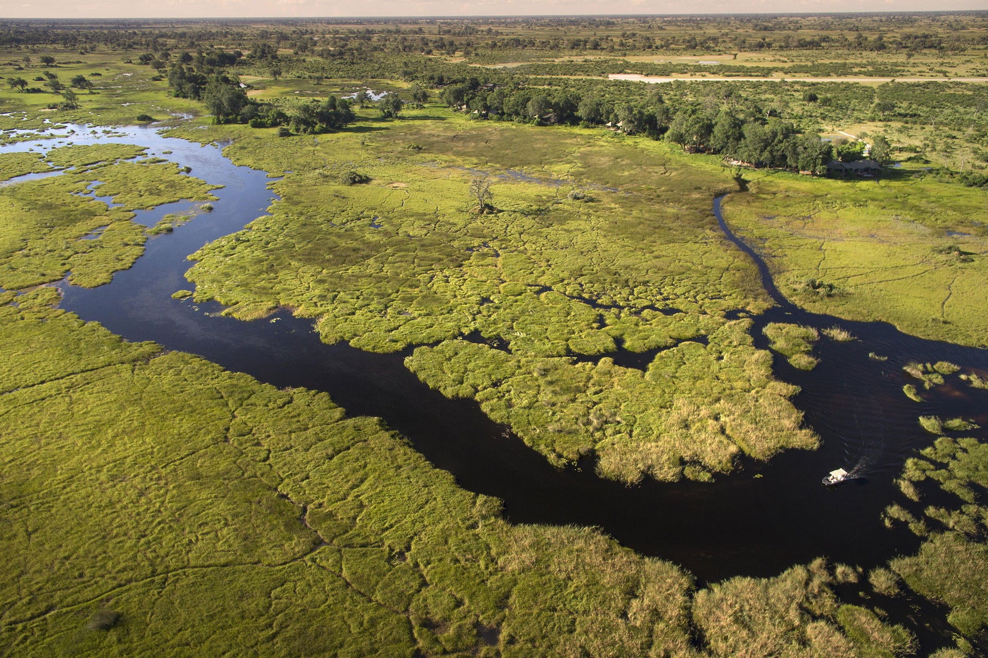 An aerial view of Duba Plains situated in the great Okavango Delta in Botswana - one of the top honeymoon destinations in Africa.