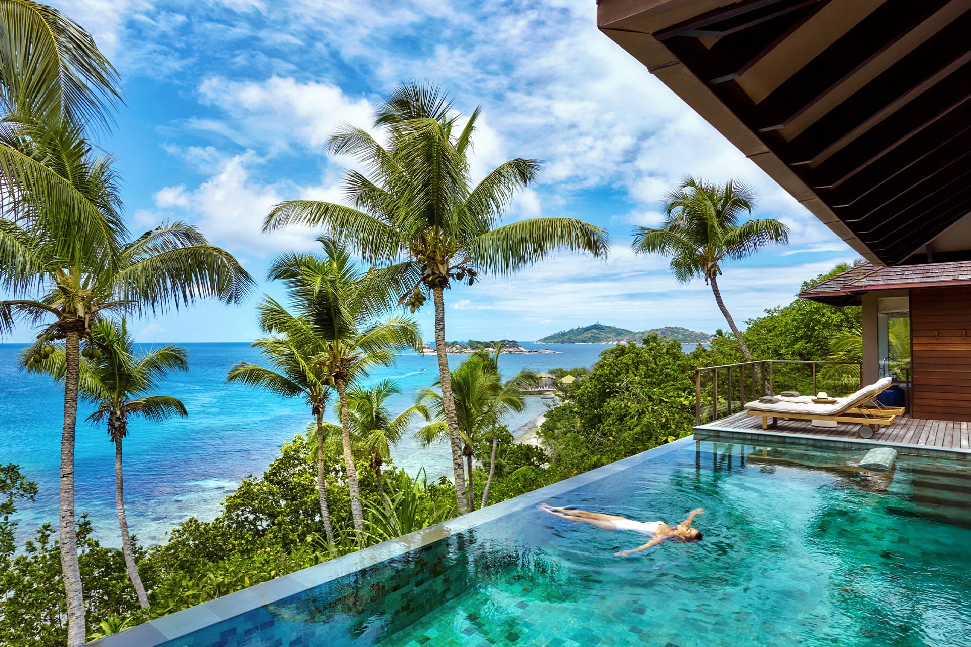 A two-bedroom pool villa and view of the ocean at Six Senses Zil Pasyon.