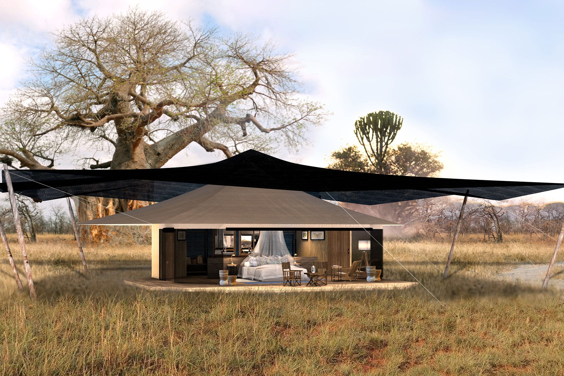 A luxury tent positioned on a raised wooden platform at Usanga Expedition Camp – a new luxury lodge in Africa opening in 2022.