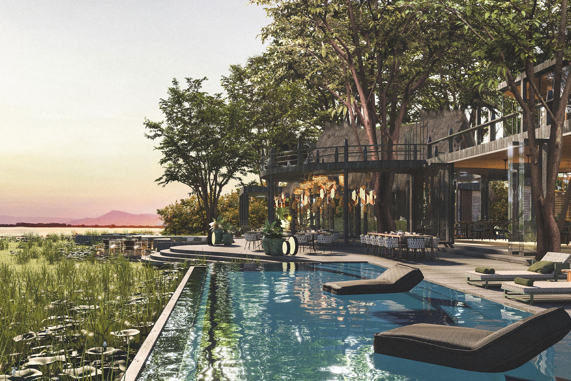 The main area and swimming pool at Lolebezi Safari Lodge – one of the new luxury lodges in Africa opening in 2022.