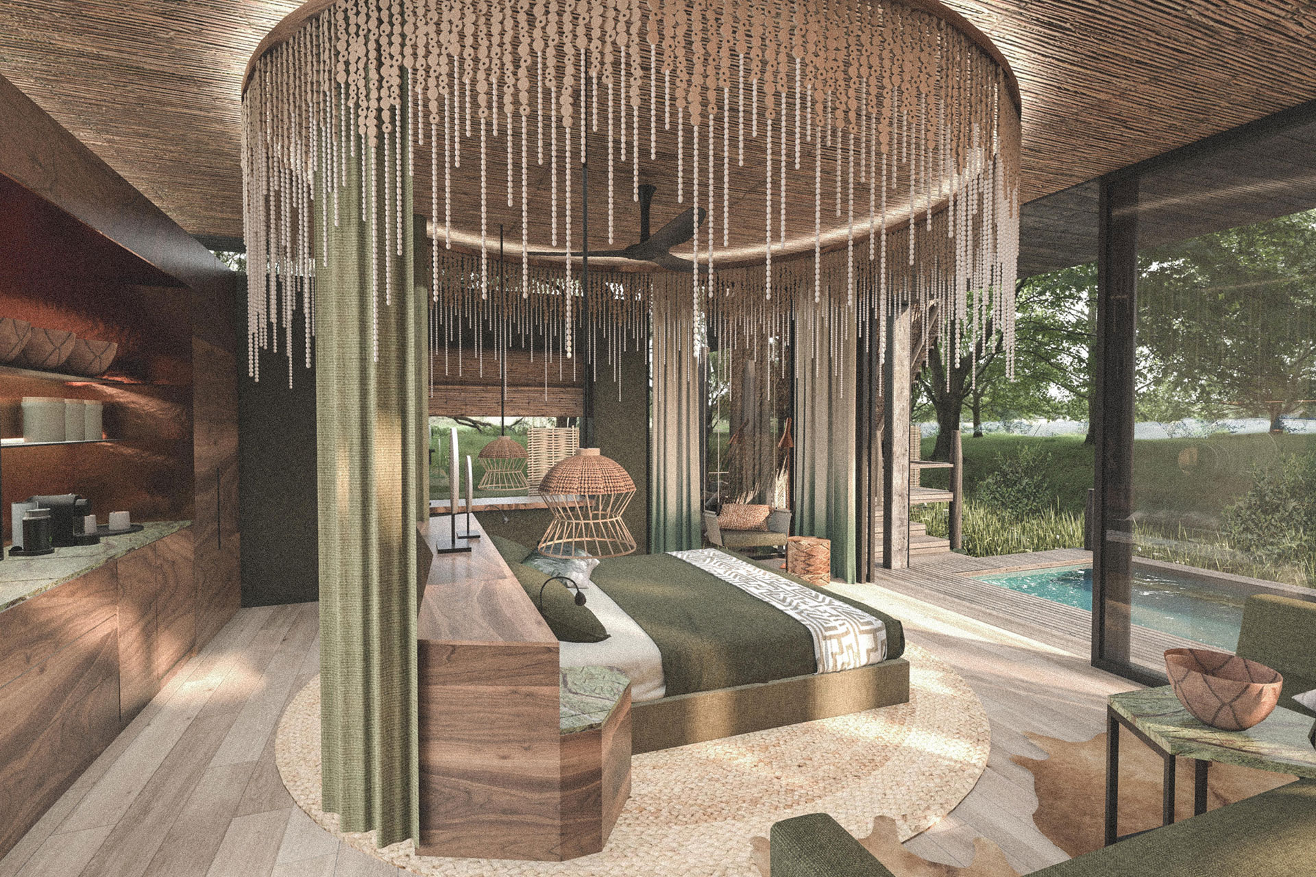 A luxurious superior suite with private plunge pool overlooking the pristine wilderness of the Lower Zambezi National Park at Lolebezi – one of the new luxury lodges in Africa 2022.