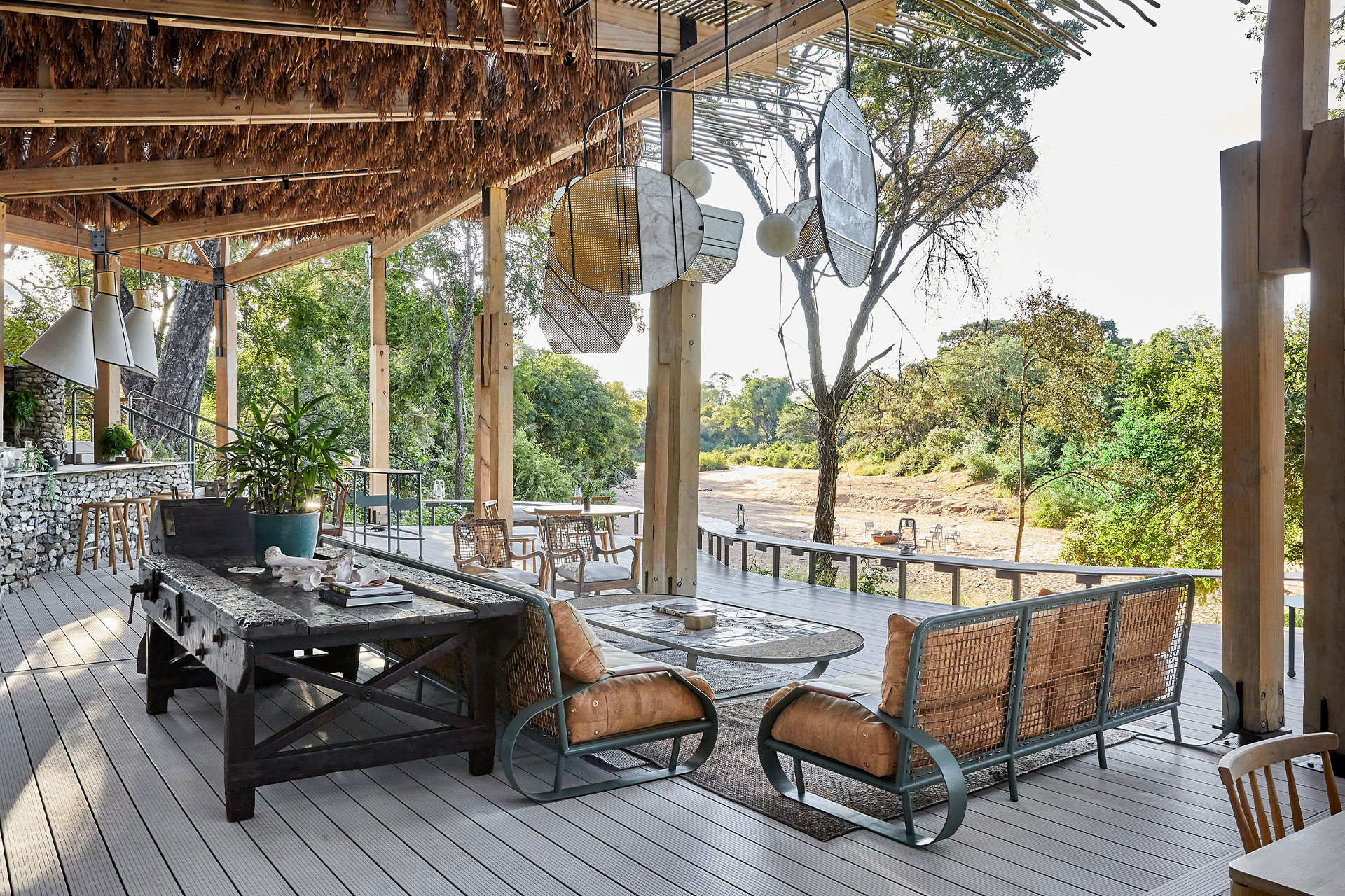 The luxurious lounge area overlooking the river bed at Saseka Tented Camp in Thornybush.