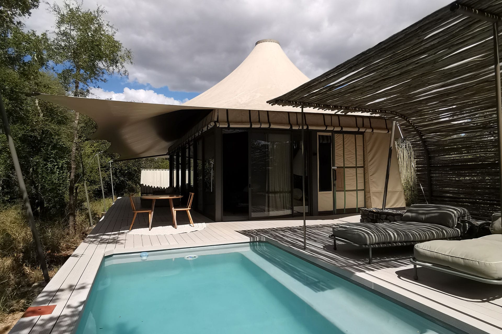 The deck with plunge pool at Saseka Tented Lodge at Thornybush.