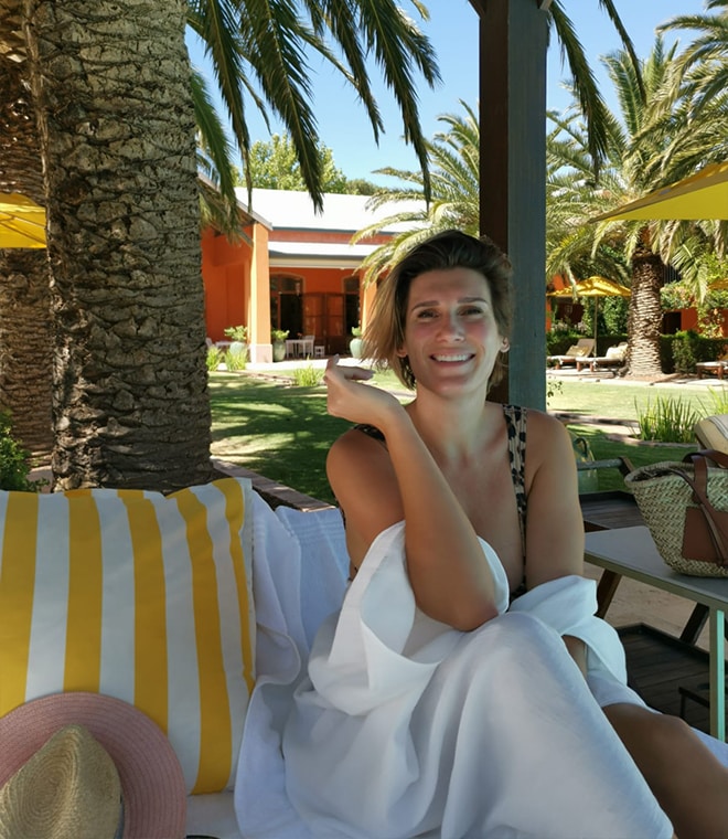 Cynthia Deneux at the pool at La Residence Franschhoek