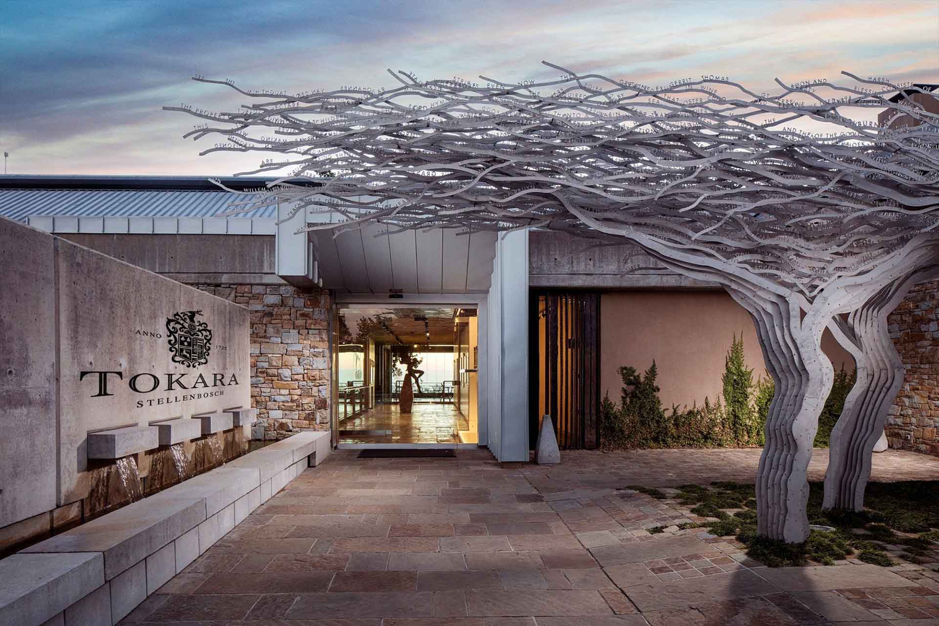 An iconic tree sculpture at the entrance of Tokara – one of the top Cape Winelands restaurants.