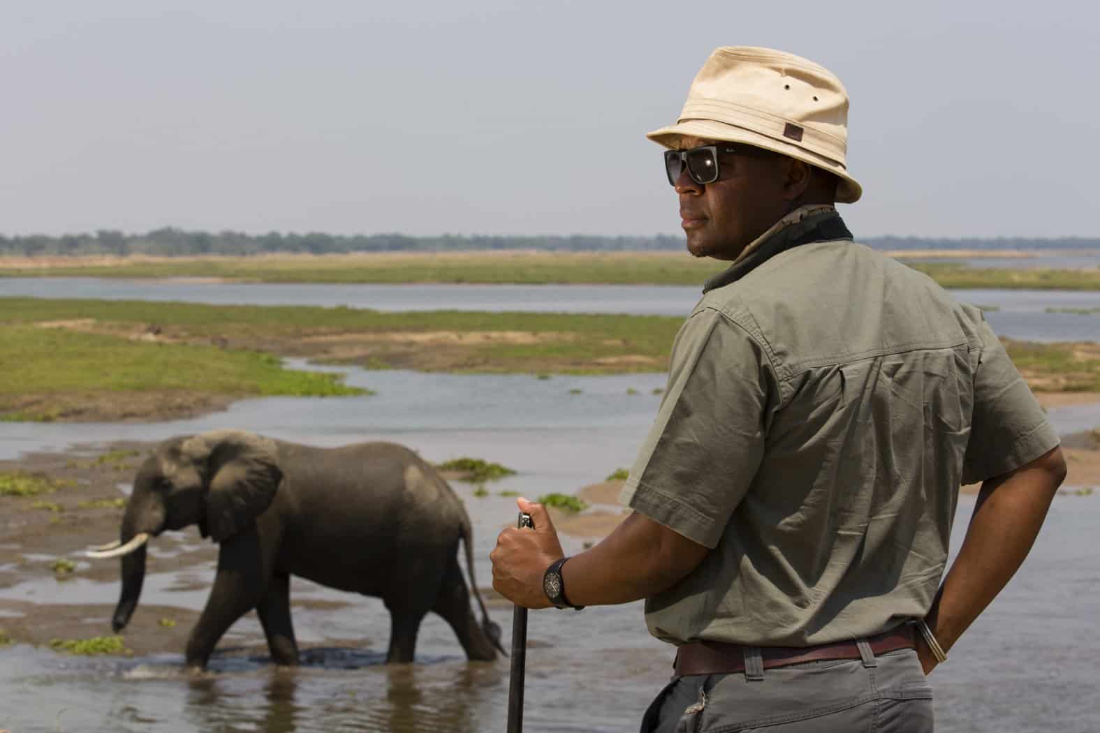 Beks Ndlovu watching an elephant wading in the flood plains in Africa.