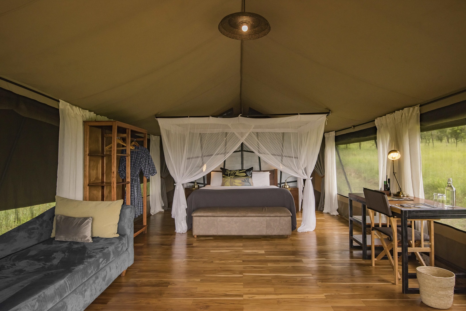 Interior of a luxury tent at Dunia Camp