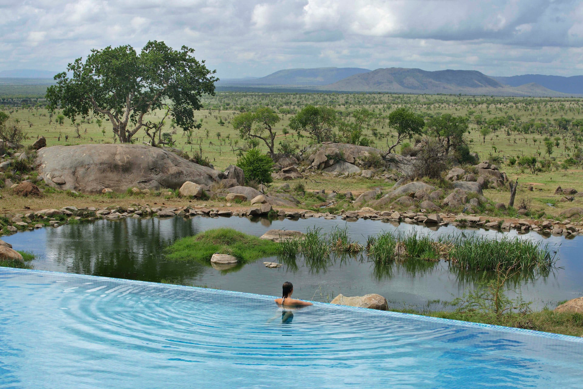 The infinity pool overlooking an active waterhole at Four Seasons Serengeti – one of our top rated eco lodges in Africa.