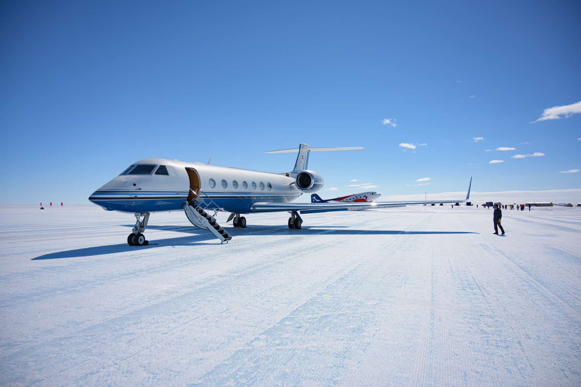 Gulfstream G550 on the ice runway at White Desert in Antarctica.
