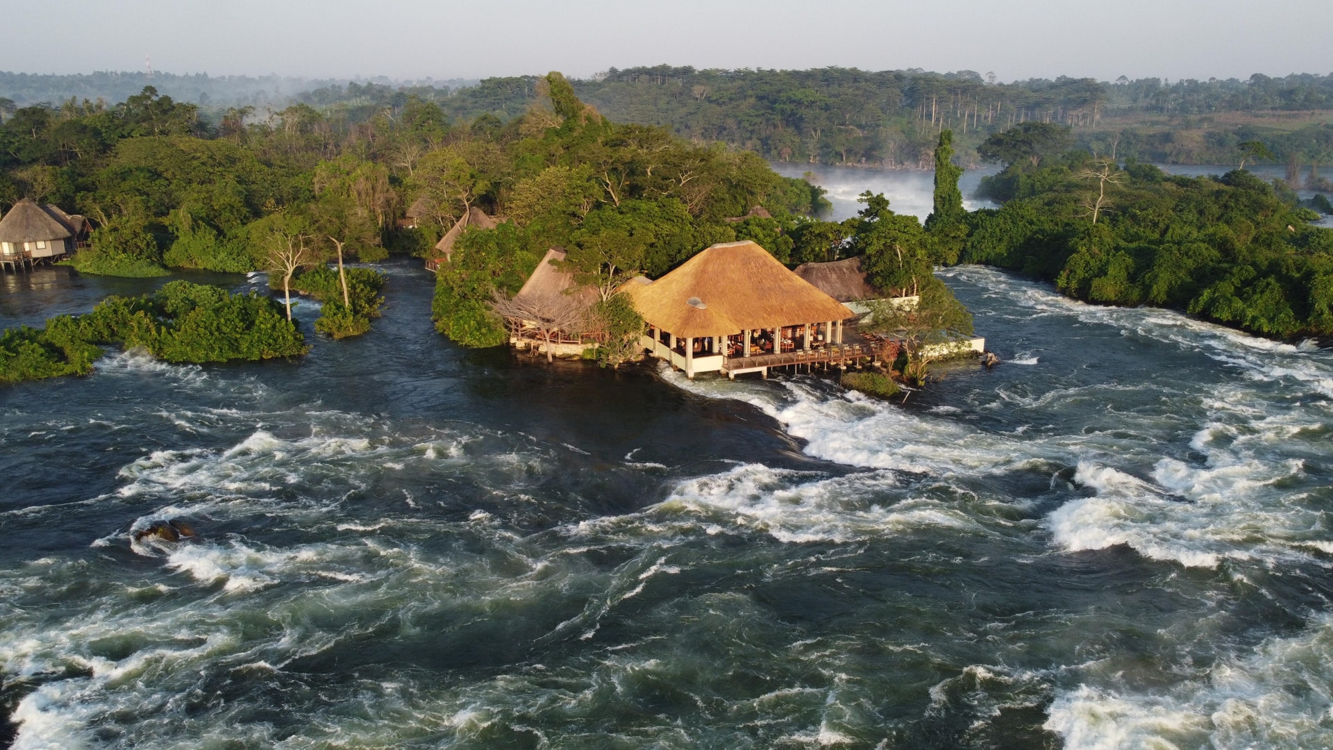 A birds eye view of the stunning Lemala Wildwaters Lodge - luxury accommodation along the Nile River in Uganda.