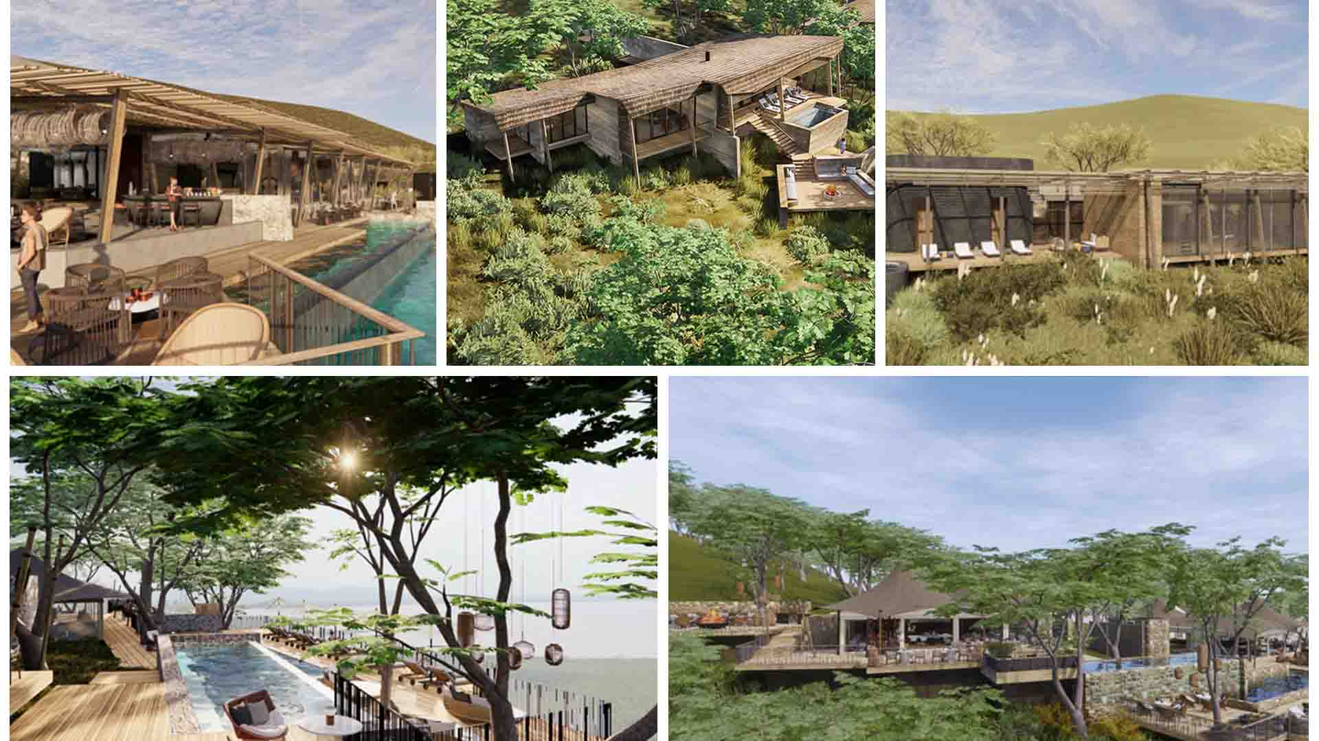 A collage of renders showcasing the new African lodges in Tanzania.