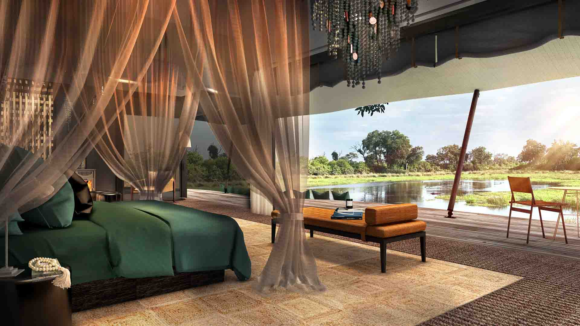 A render of a luxury tented suite overlooking a lagoon at North Island – one of the new African lodges opening in 2023.