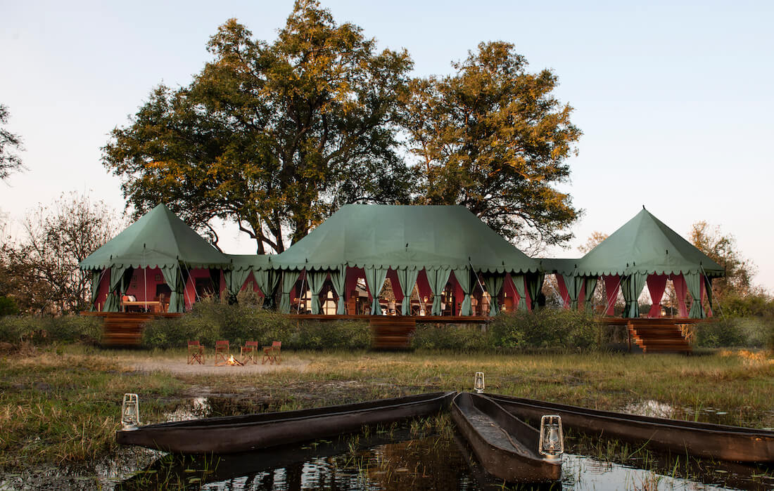 The main mess tent at Duke’s Camp in the Okavango Delta.
