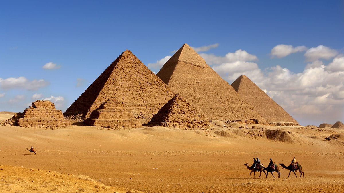 pyramids giza cairo in egypt with camel caravane panoramic sceni