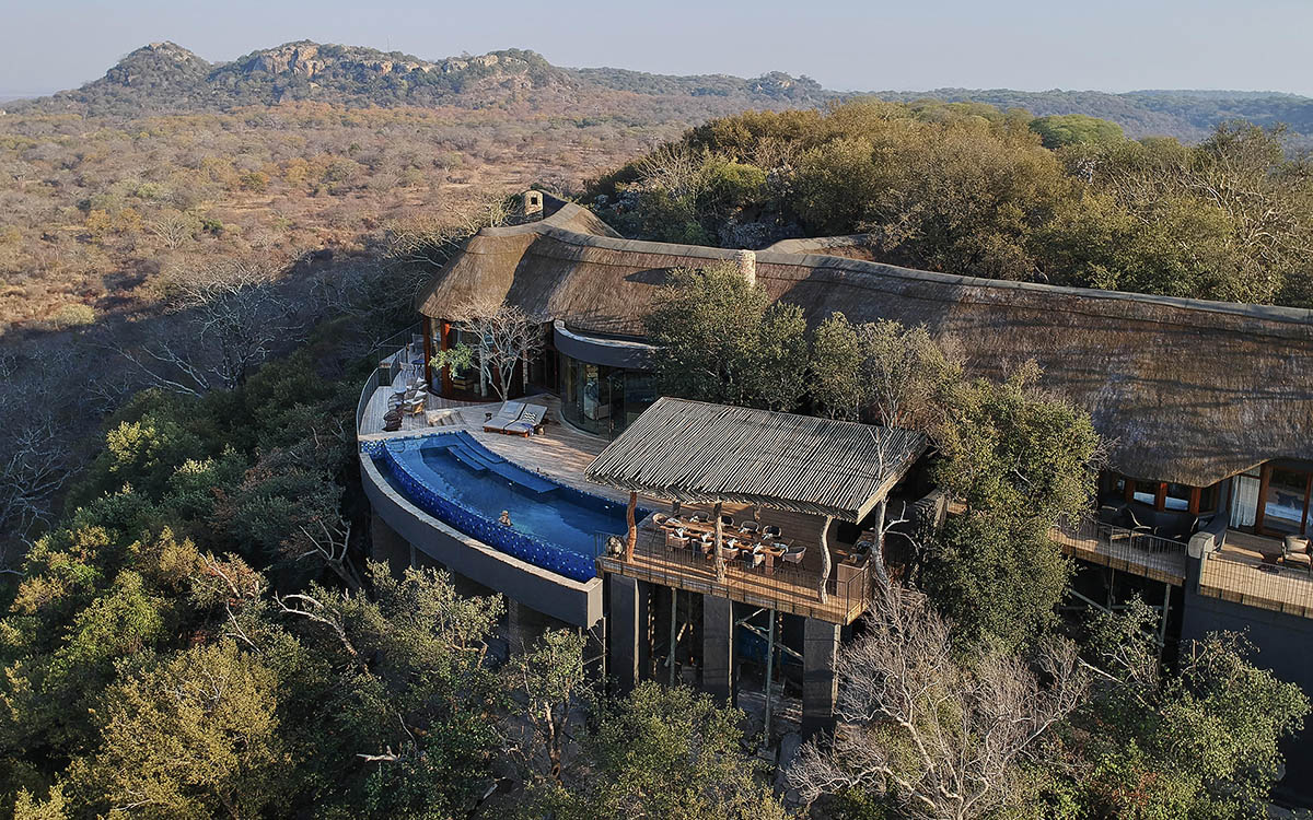 An aerial view of the spectacular Singita Malilangwe House - one of the top villas in Africa.