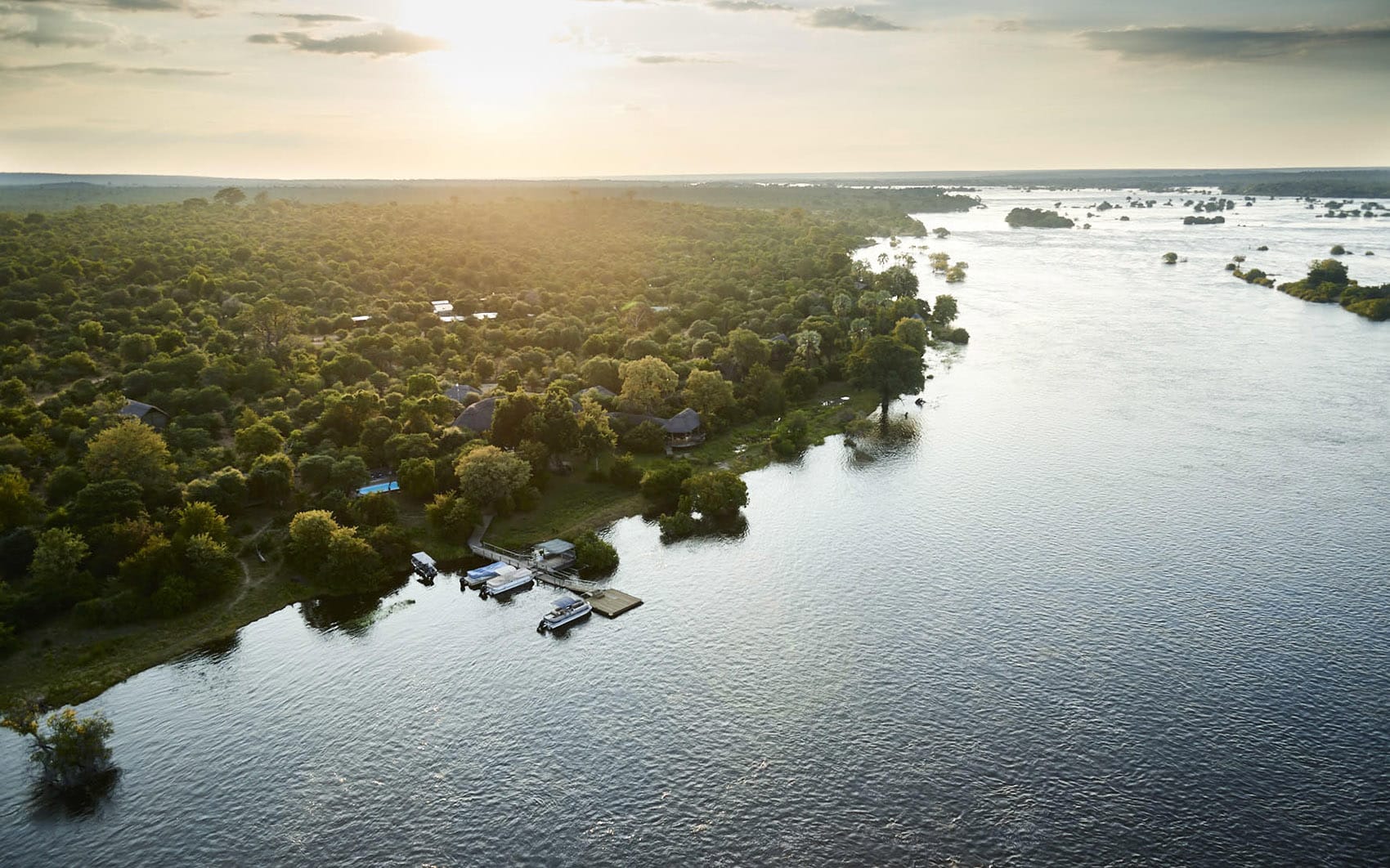 View from above of Zambezi River with Victoria Falls River Lodge