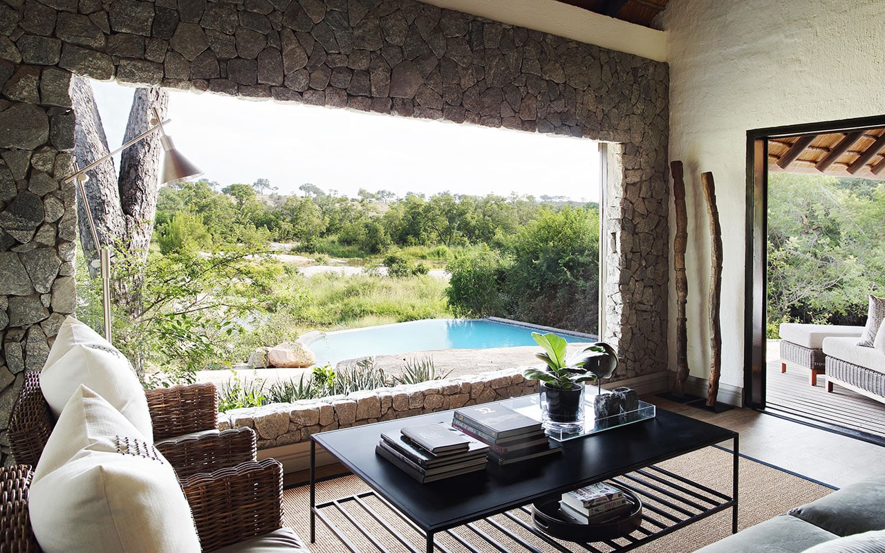 Outside one of the private granite suites at Londolozi with a safari pool outside