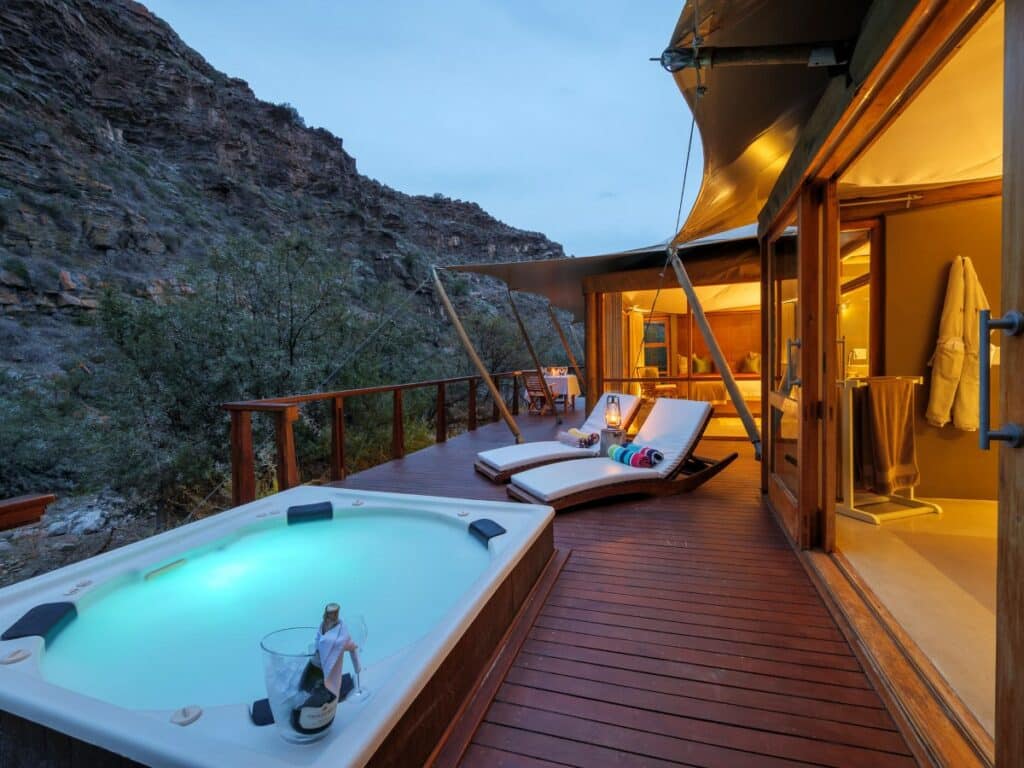 Dwyka Tented Lodge at Sanbona Wildlife Reserve with a heated jacuzzi - malaria free safari South Africa