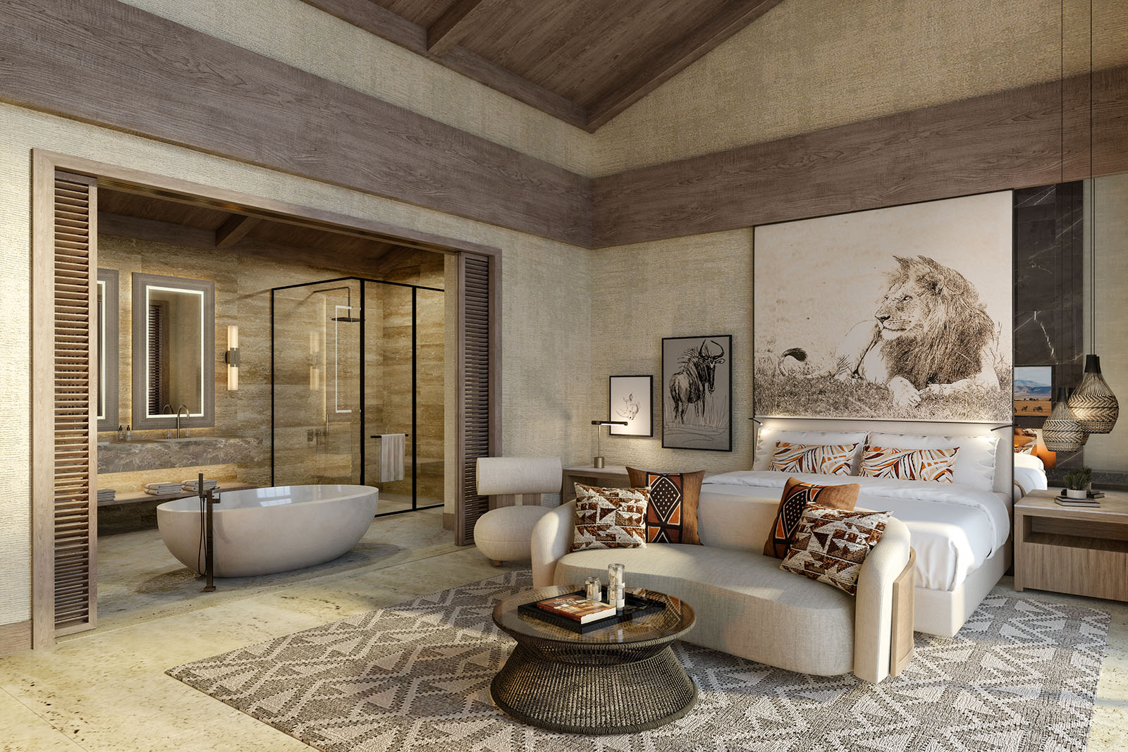 interior of a luxury room at Melia Ngorongoro, one of the lodges in Tanzania with Ker & Downey Africa