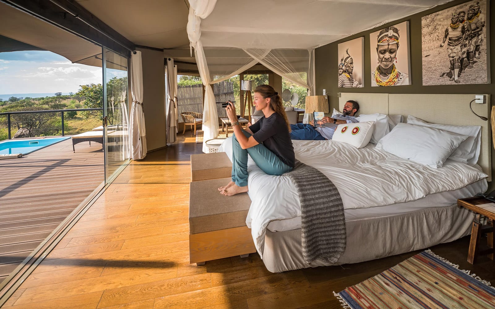 Guests in a tented suite at Lemala Kuria Hills