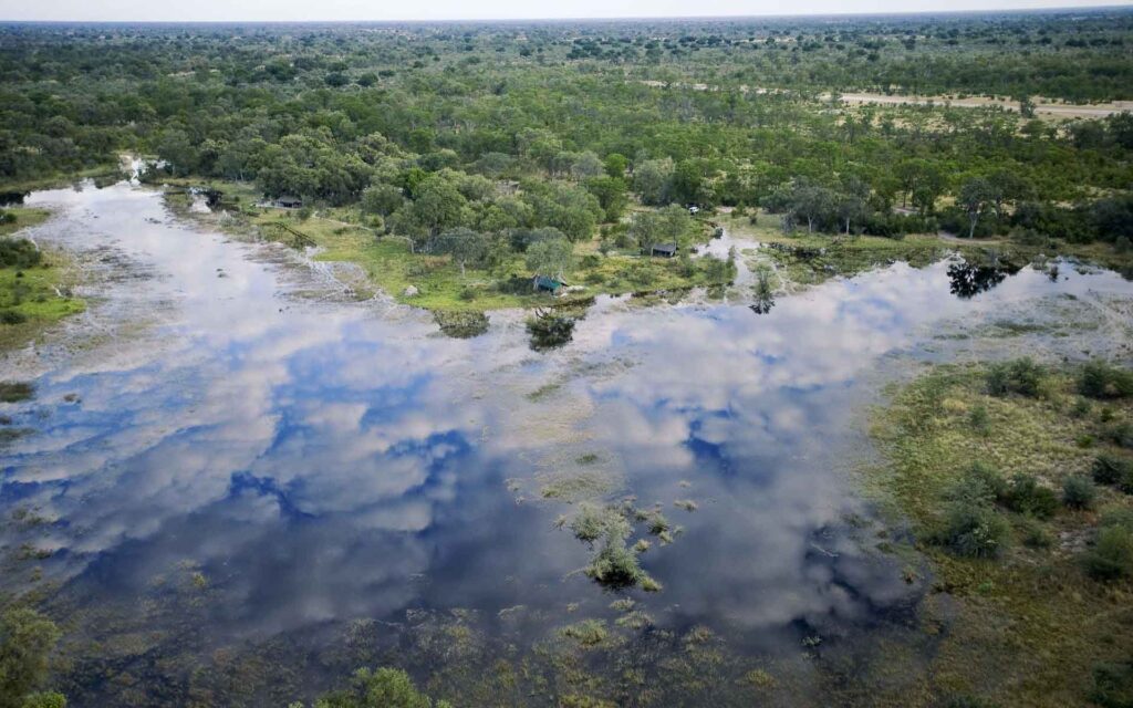 Victoria Falls natural world wonder. Trees, vegetation, lake. Botswana safari.
