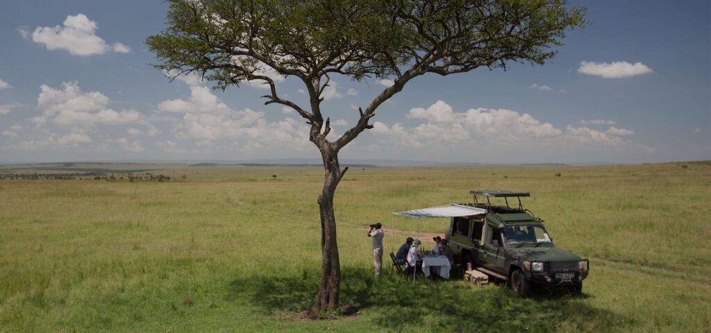 Luxury safari experience in Kenya: jeep, savannah, and wildlife backdrop. Luxury Kenya Safari pick nick surveying luscious African plains under a tree.