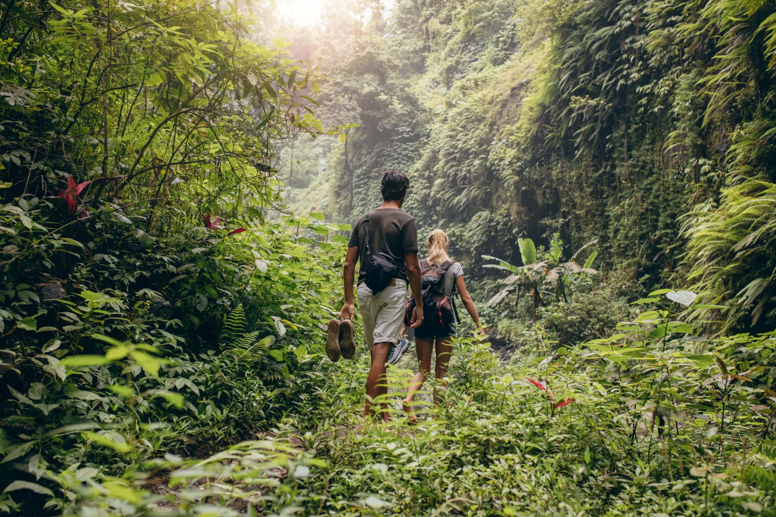 Couple hiking through lush rainforest terrain during a Safari in September adventure in Rwanda