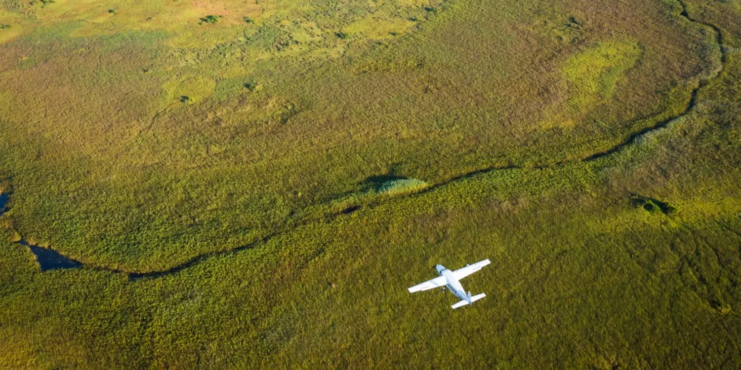 an aerial view of a small white private charter plane flying over the lush green wetlands and winding waterways of the okavango delta.