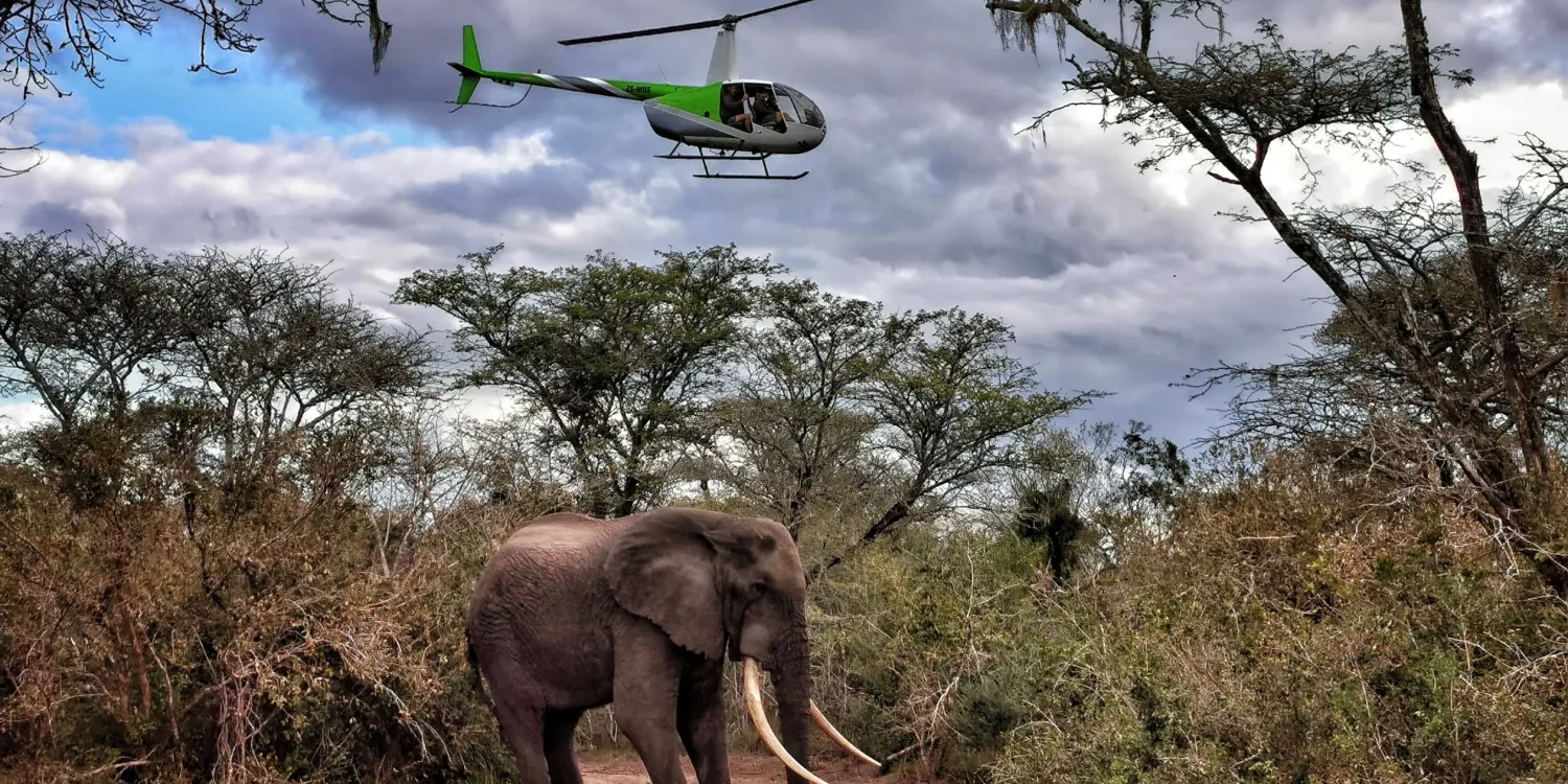 Luxury safaris by air Africa helicopter safari over savannah with elephant below in remote wilderness landscape