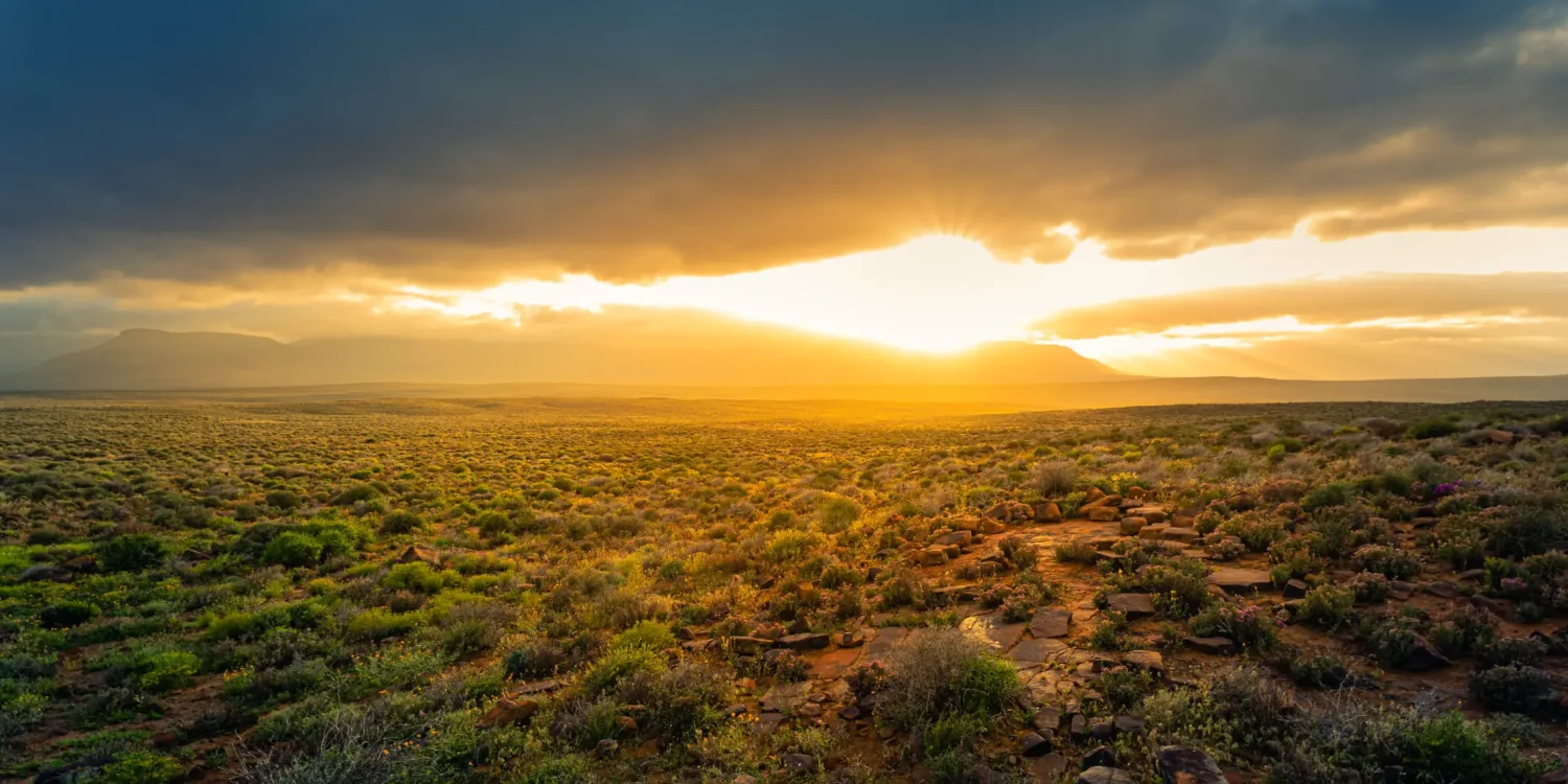 Golden sunlight breaking through dramatic clouds over the vast, open semi-desert landscape of the Karoo in South Africa.